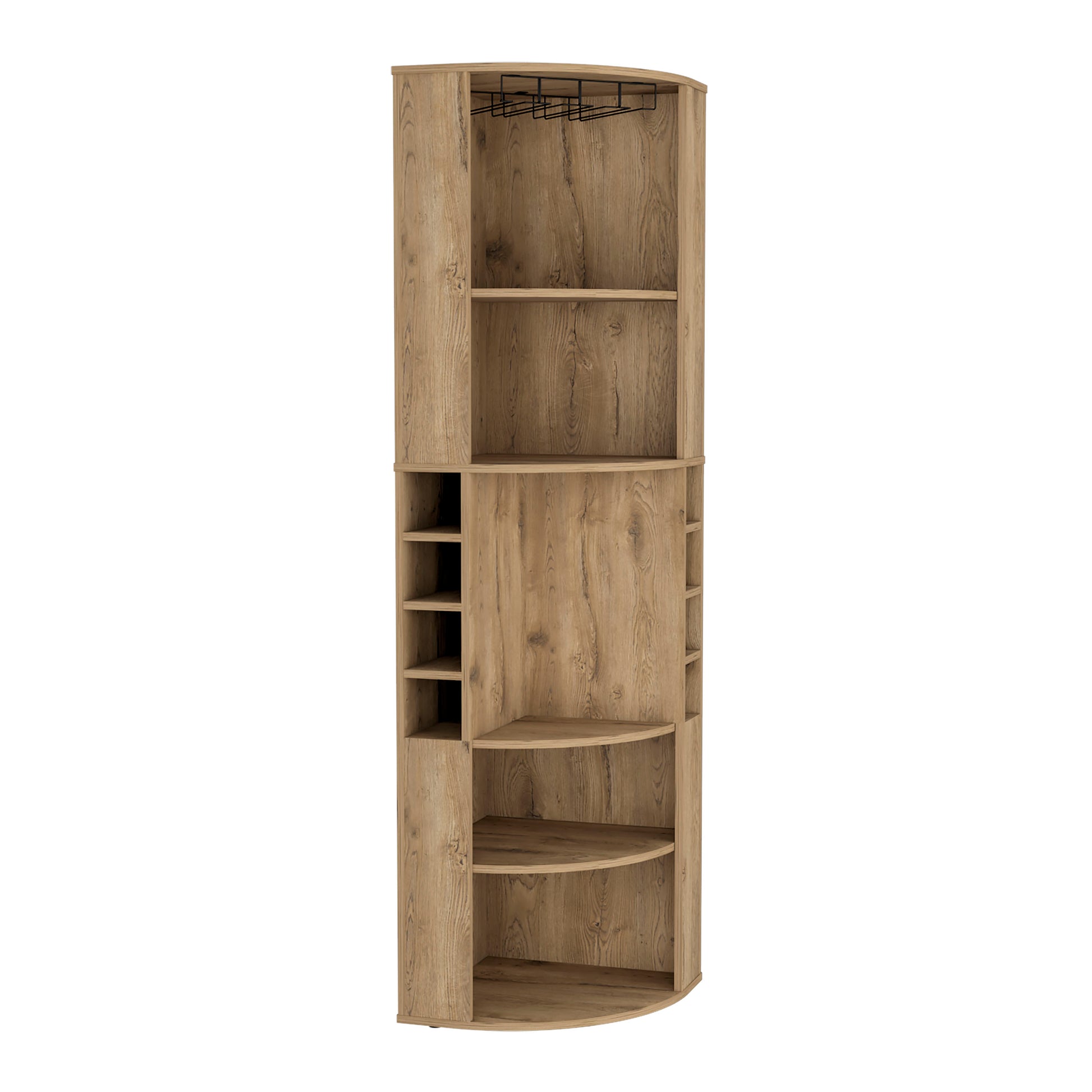 Corner Bar Cabinet 71"H With Five Shelves, Eight Bottle Cubbies And Stemware,Macadamia Beige Primary Living Space Particle Board Particle Board