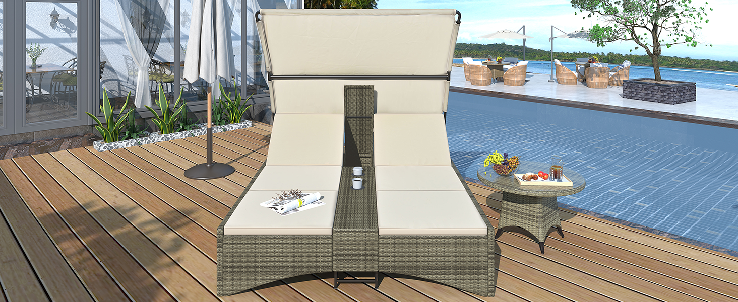 Patio Daybed Outdoor Daybed Outdoor Rattan Sun Lounger With Shelter Roof With Adjustable Backrest, Storage Box And 2 Cup Holders For Patio, Balcony, Poolside,Cream Yes Cream Seats 2 Water Resistant Frame Water Resistant Cushion Garden & Outdoor Sectional