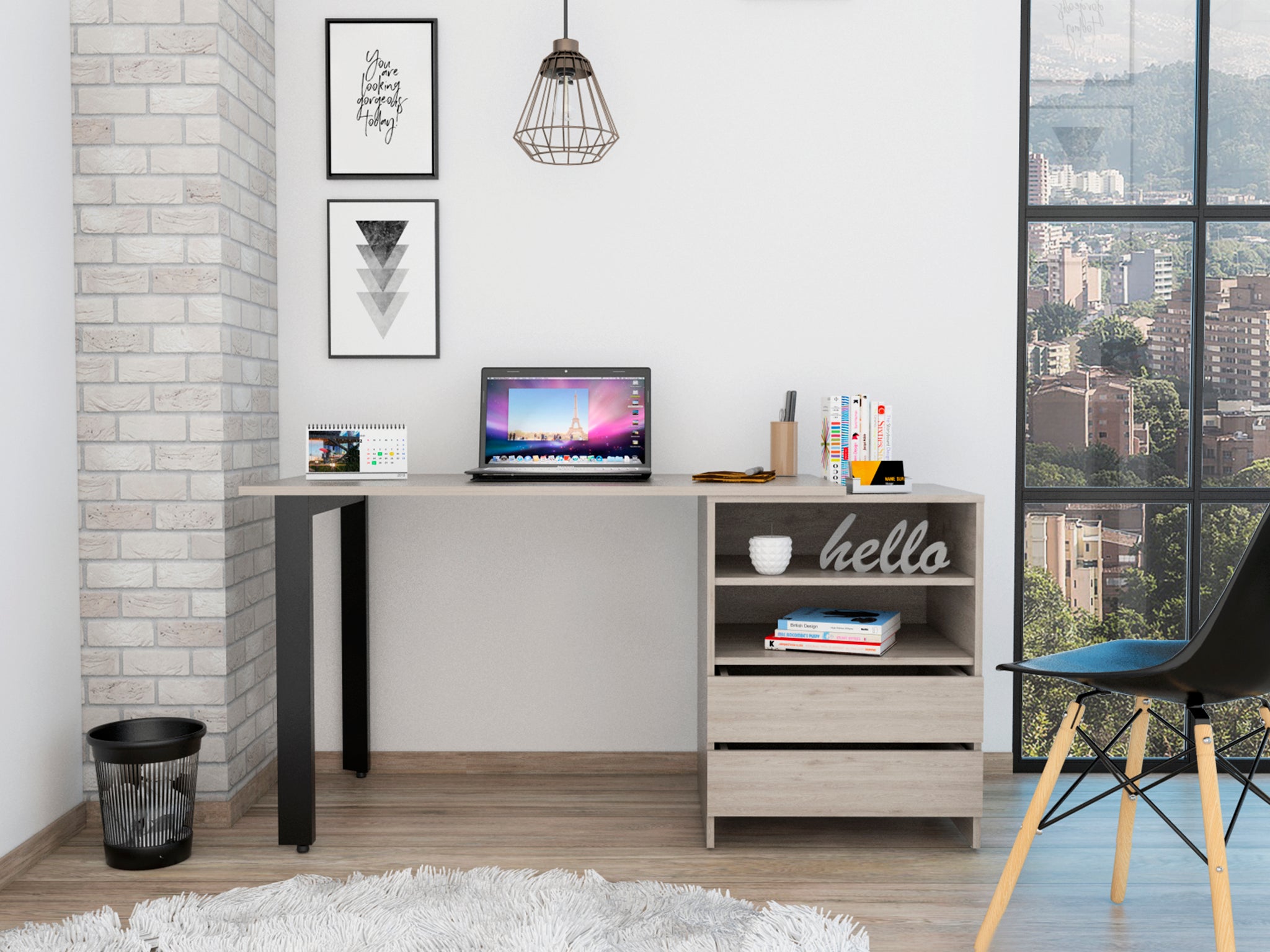 Malaui 120 Desk, Two Legs, Two Drawers, Two Shelves Light Gray Gray Computer Desk Office Modern Freestanding Rectangular Shelves Desk Rectangular Particle Board Particle Board