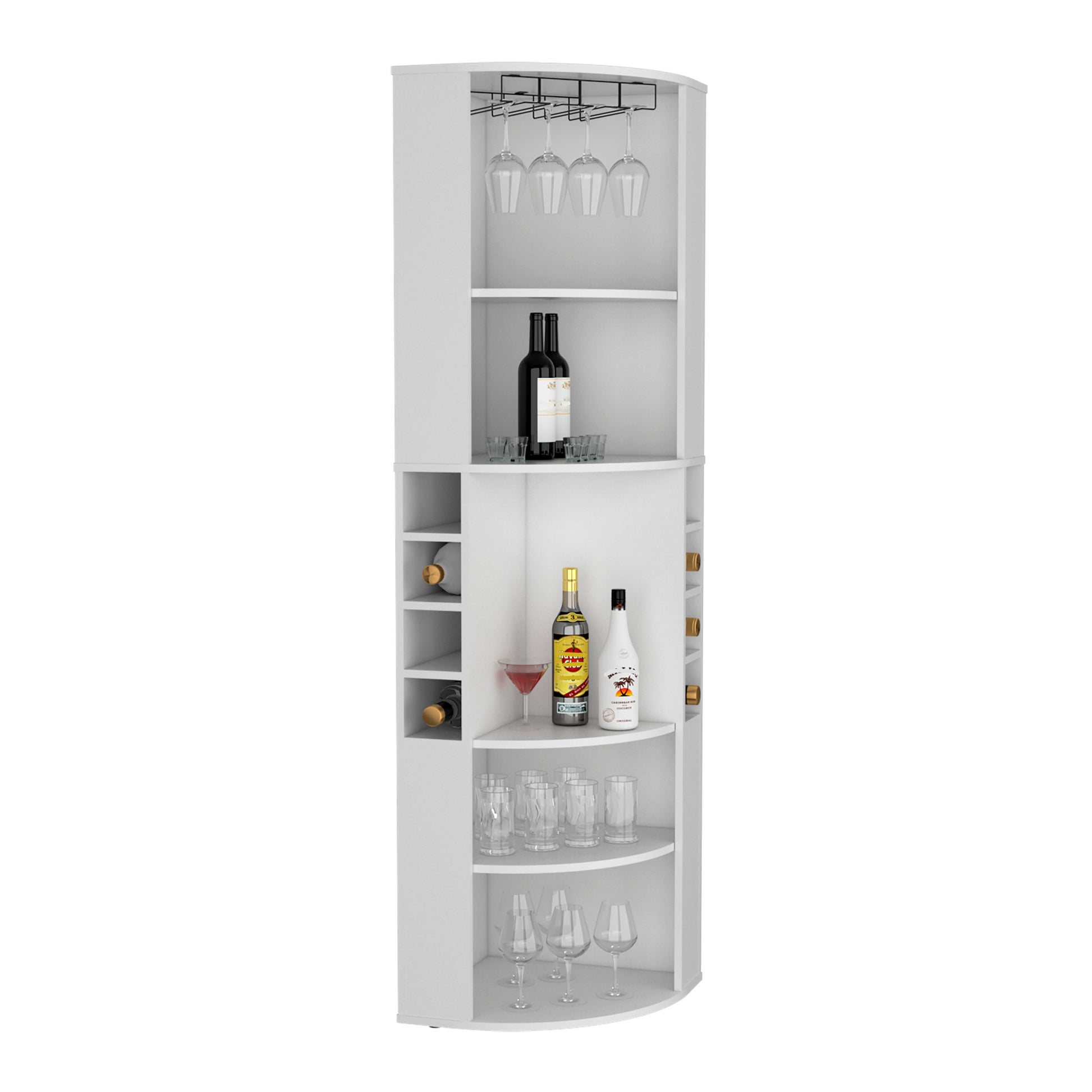 71" Corner Bar Cabinet With Five Shelves, Eight Bottle Cubbies And Stemware,White White Particle Board Particle Board