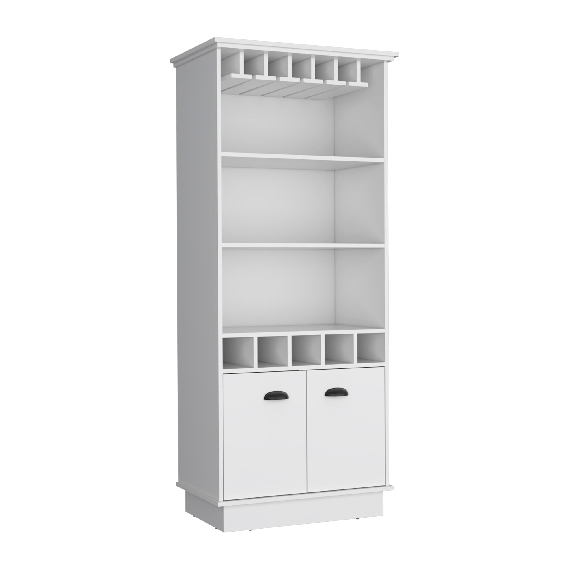 70"H Bar Cabinet With Wine Rack, Upper Glass Cabinet, Three Open Storage Shelves And One Cabinet,White White Particle Board Particle Board