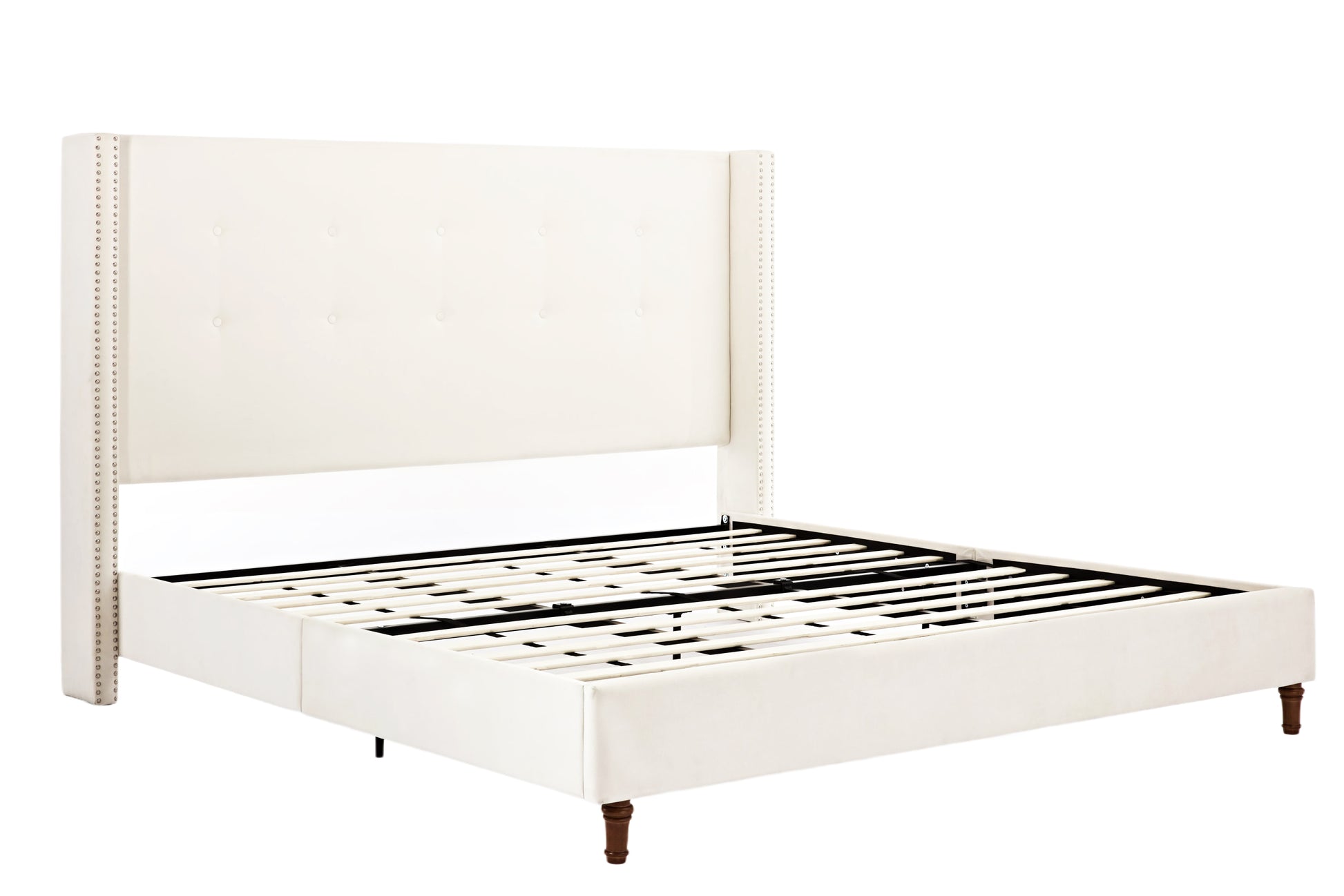 Peyton Upholstered King Bed 54" High Headboard Traditional Hand Buttoned Tufting Trim Wingback No Box Spring Needed Easy Assembly Ivory Velvet Box Spring Not Required King Ivory Brown Metal Bedroom Classic,European,Modern,Traditional Oak Bed Frame Foam