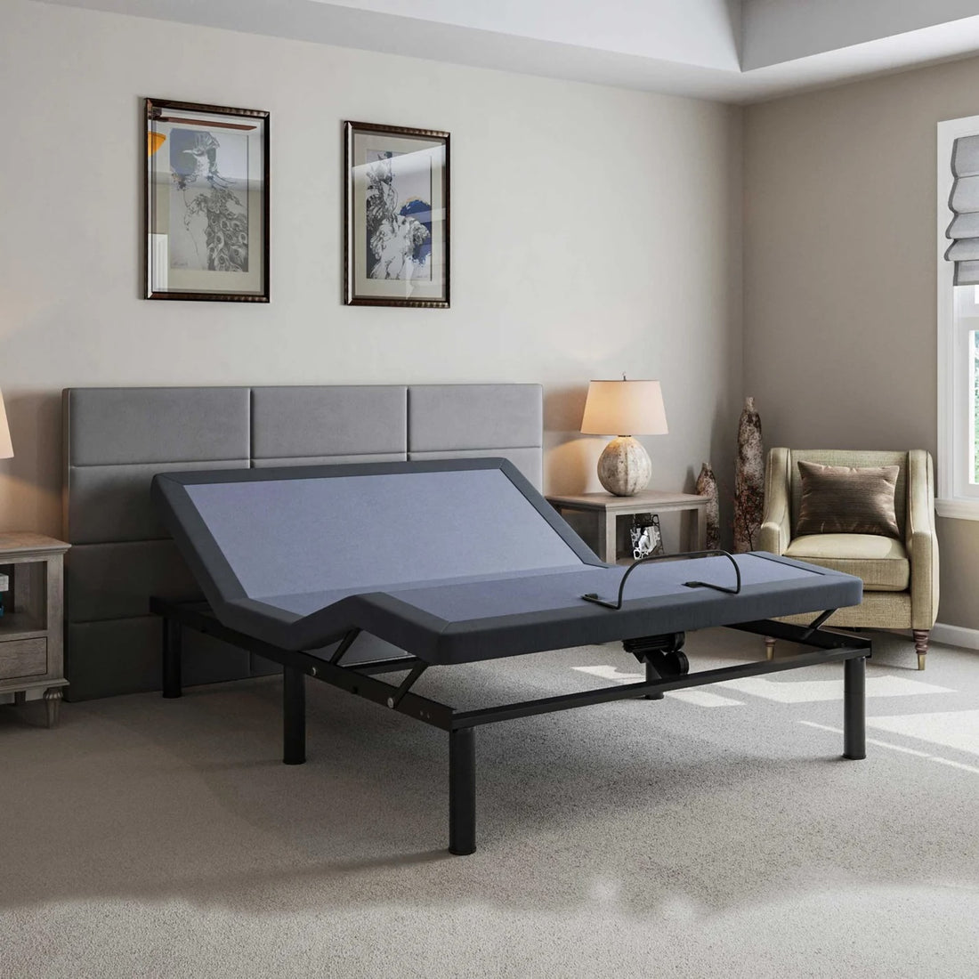 Bt2000 Cal King Split Adjustable Bed California King Blue Gray Upholstered