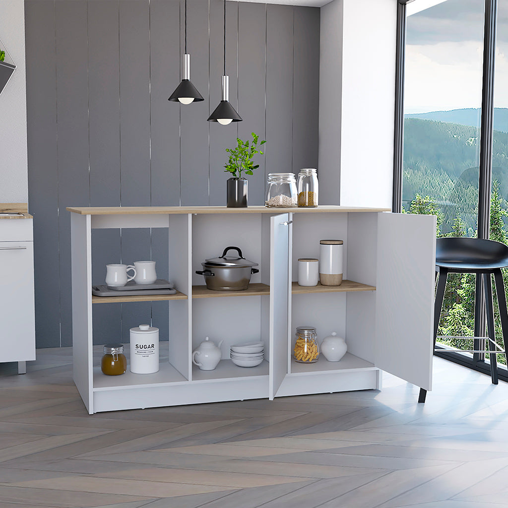 Juniper Kitchen Island, Four Open Shelves, Two Cabinets Light Oak White Multicolor Kitchen Modern Rectangular Stationary Kitchen Islands Particle Board Particle Board