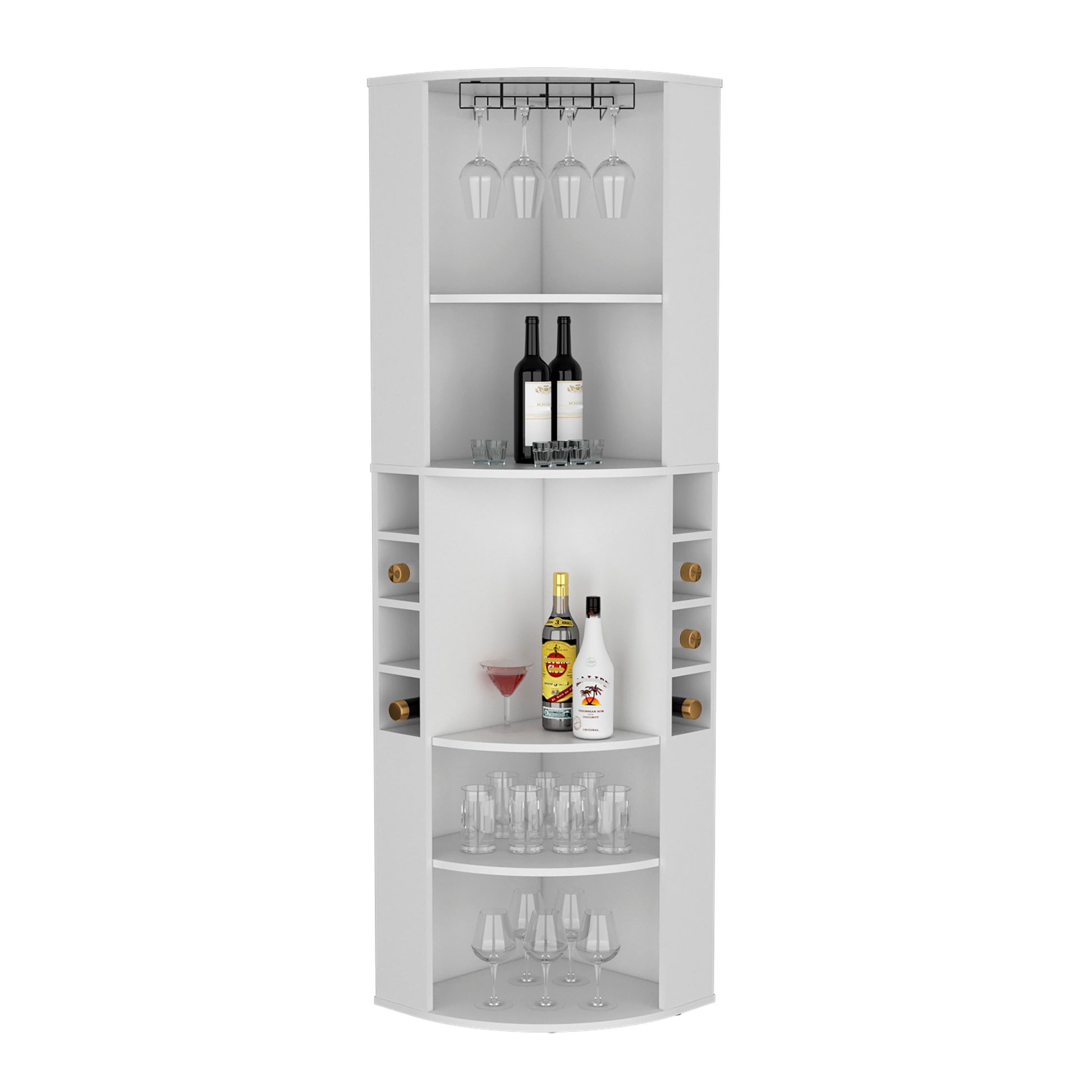 71" Corner Bar Cabinet With Five Shelves, Eight Bottle Cubbies And Stemware,White White Particle Board Particle Board