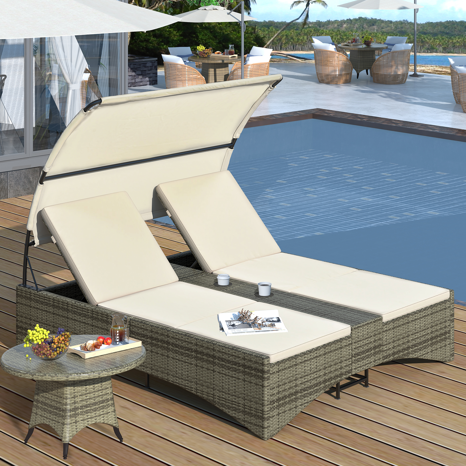 Patio Daybed Outdoor Daybed Outdoor Rattan Sun Lounger With Shelter Roof With Adjustable Backrest, Storage Box And 2 Cup Holders For Patio, Balcony, Poolside,Cream Yes Cream Seats 2 Water Resistant Frame Water Resistant Cushion Garden & Outdoor Sectional