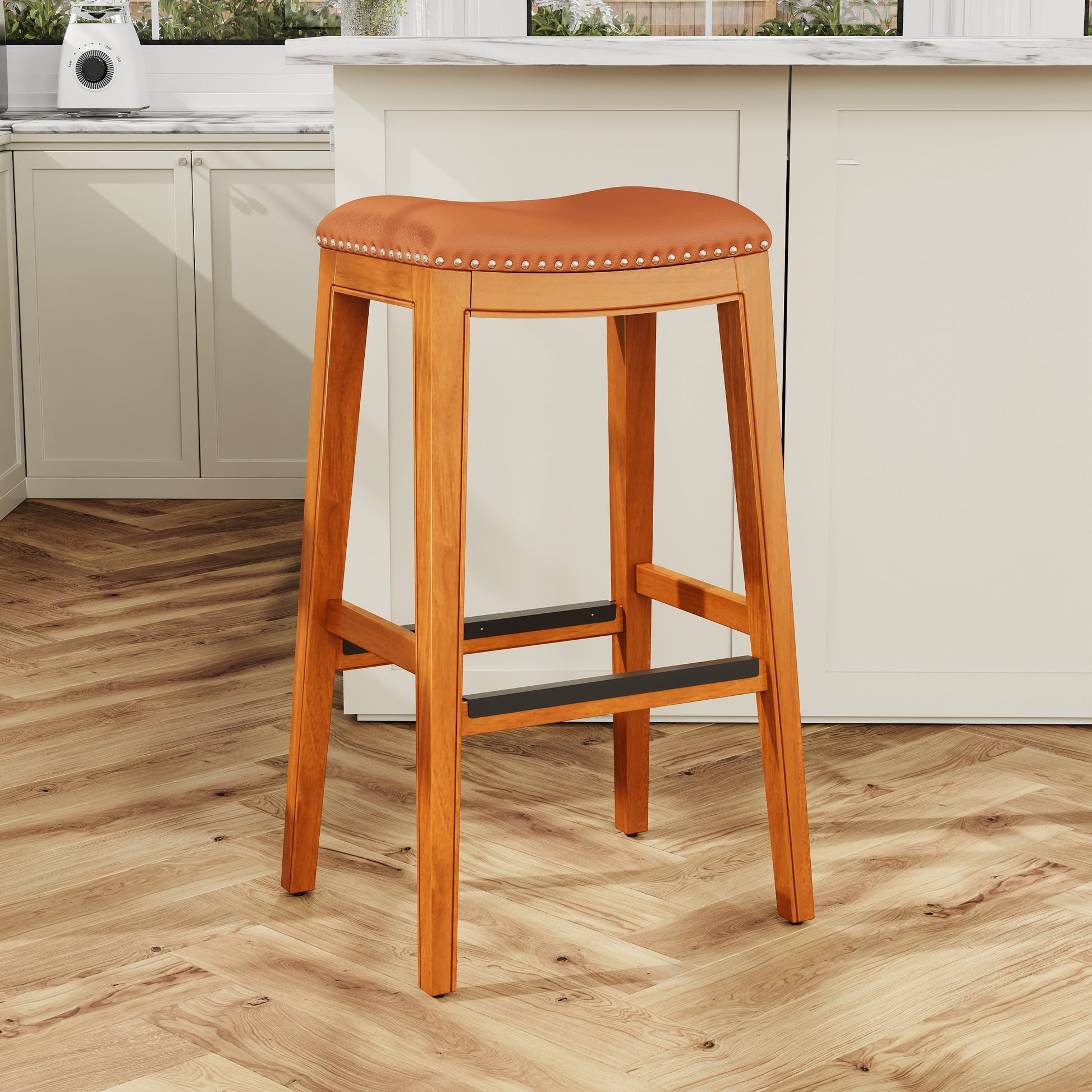 30" Bar Stool, Natural Finish, Saddle Leather Seat Natural Bonded Leather