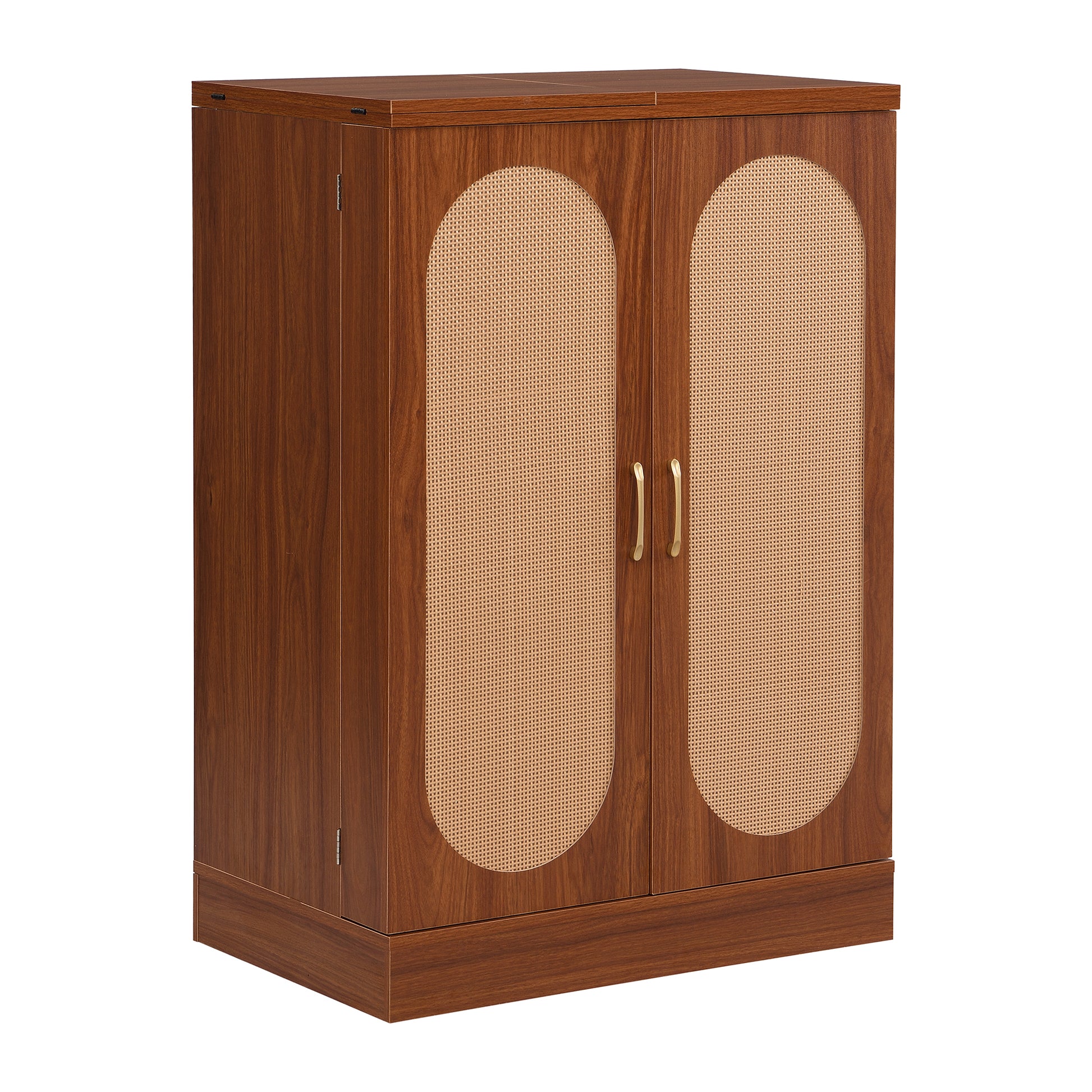 41.9" Home Bar Cabinet, Industrial Walnut Rattan Door Fold Out Bar Cabinet With Storage Bar Table Walnut Dining Room Modern Mdf
