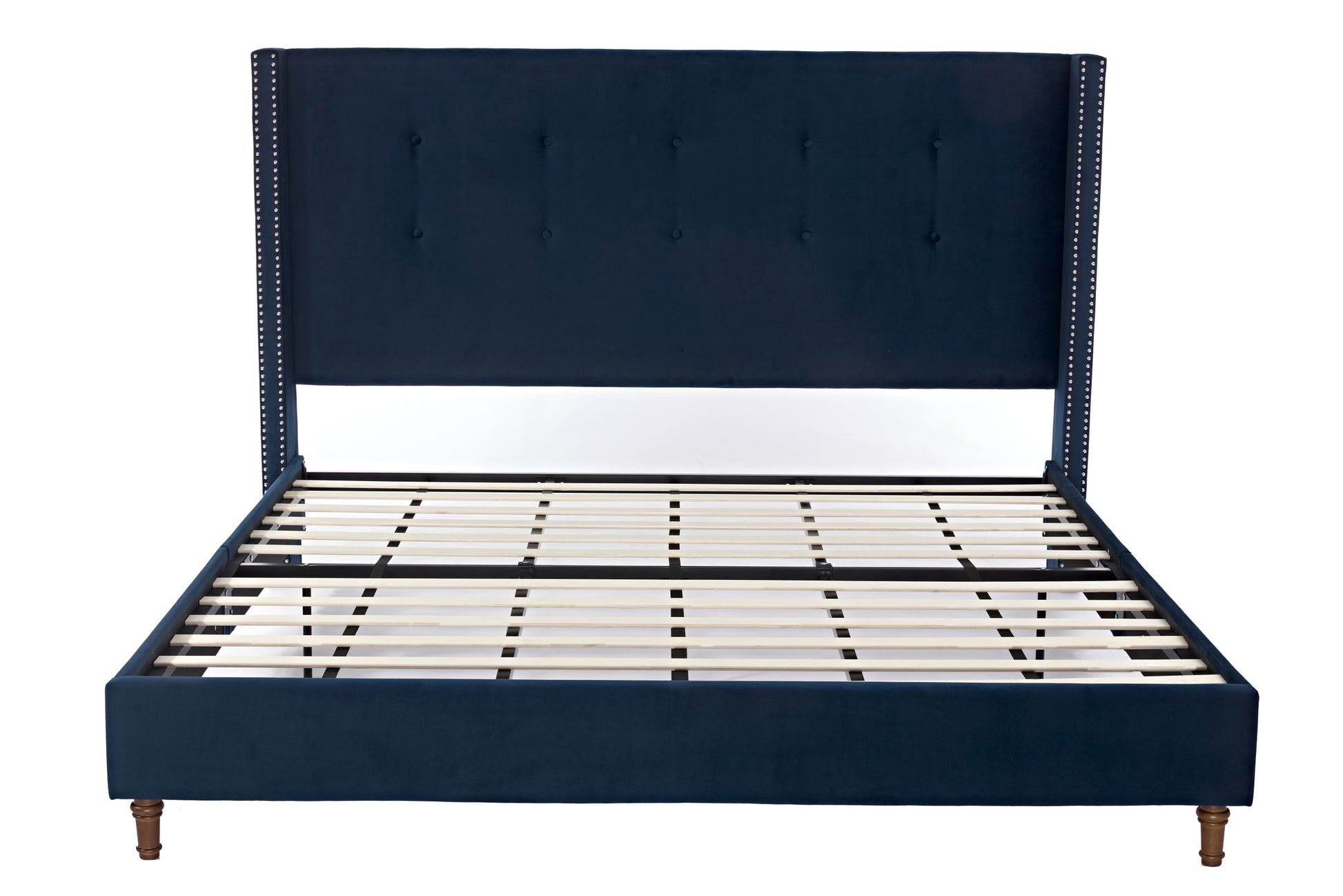 Peyton Upholstered King Bed 54" High Headboard Traditional Hand Buttoned Tufting Trim Wingback No Box Spring Needed Easy Assembly Blue Velvet Box Spring Not Required King Blue Brown Metal Bedroom Classic,European,Modern,Traditional Oak Bed Frame Foam