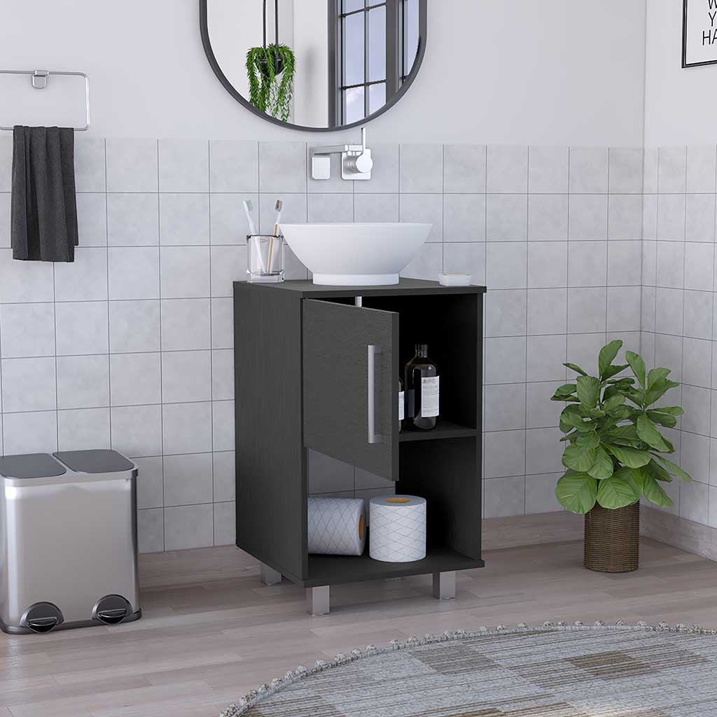 Gouda 18" Single Bathroom Vanity, One Open Shelf, Single Door Cabinet Black Black Bathroom Modern Particle Board Particle Board