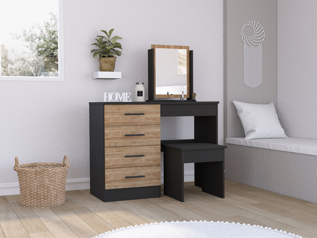 Kaia Makeup Vanity, Four Drawers, One Mirror, Stool Black Pine Multicolor Drawer 4 Drawers Bedroom Shelf Modern Mirror Included Particle Board Particle Board