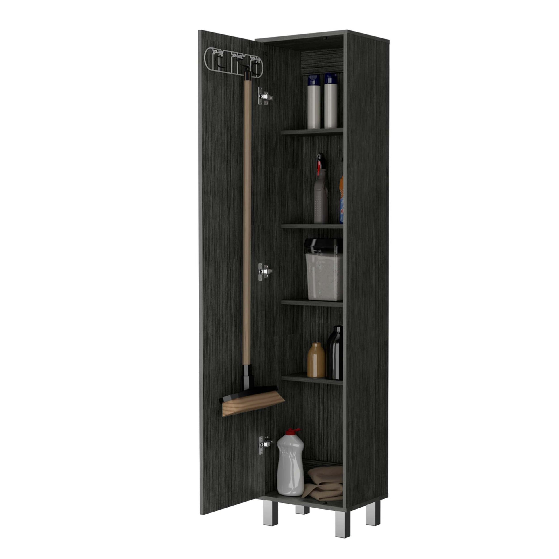 Smokey Oak 3 Broom Hangers Tall Storage Cabinet Standard 5 Or More Shelves Gray Primary Living Space Wood Shelves Wood