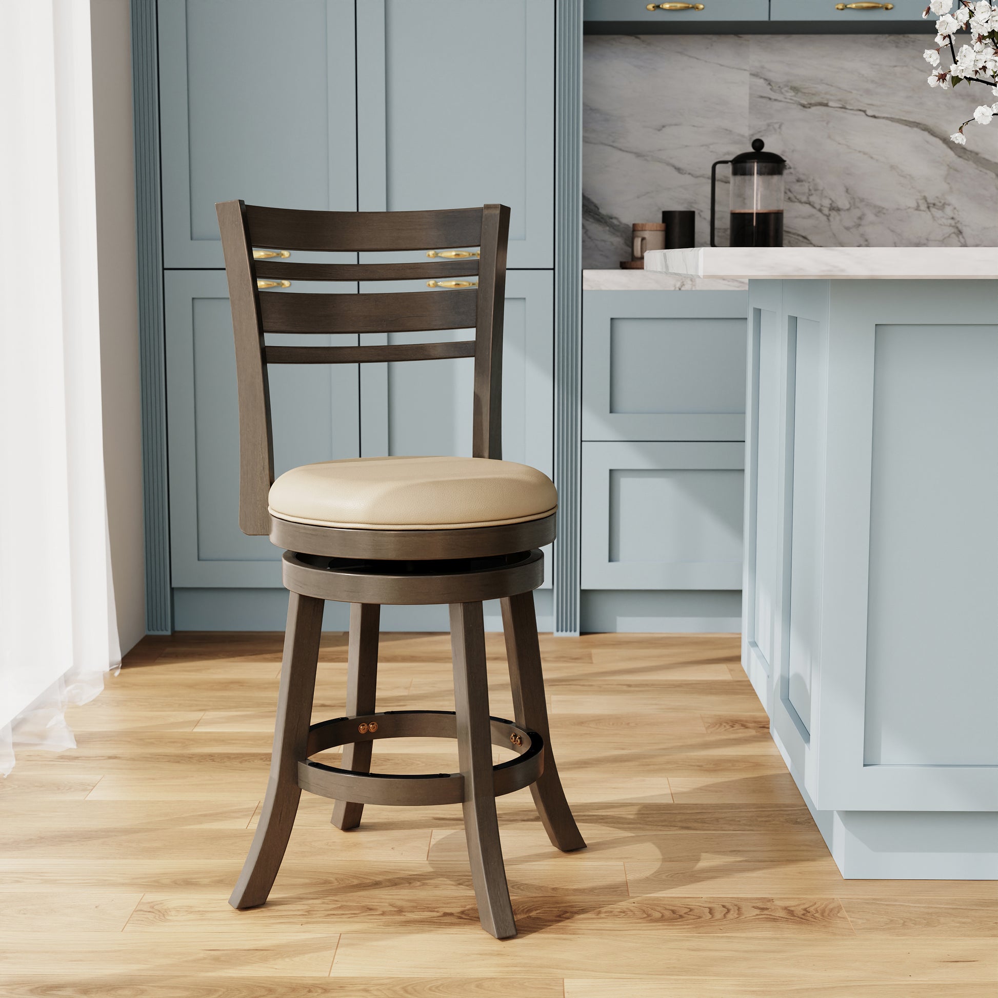 24" Counter Height Slat Back Swivel Stool, Weathered Gray Finish, French Gray Leather Seat Gray Bonded Leather