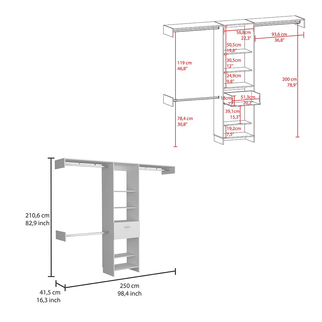 Manchester 250 Closet System, Five Open Shelves, One Drawer, Three Metal Rods White White Bedroom Modern Particle Board Particle Board