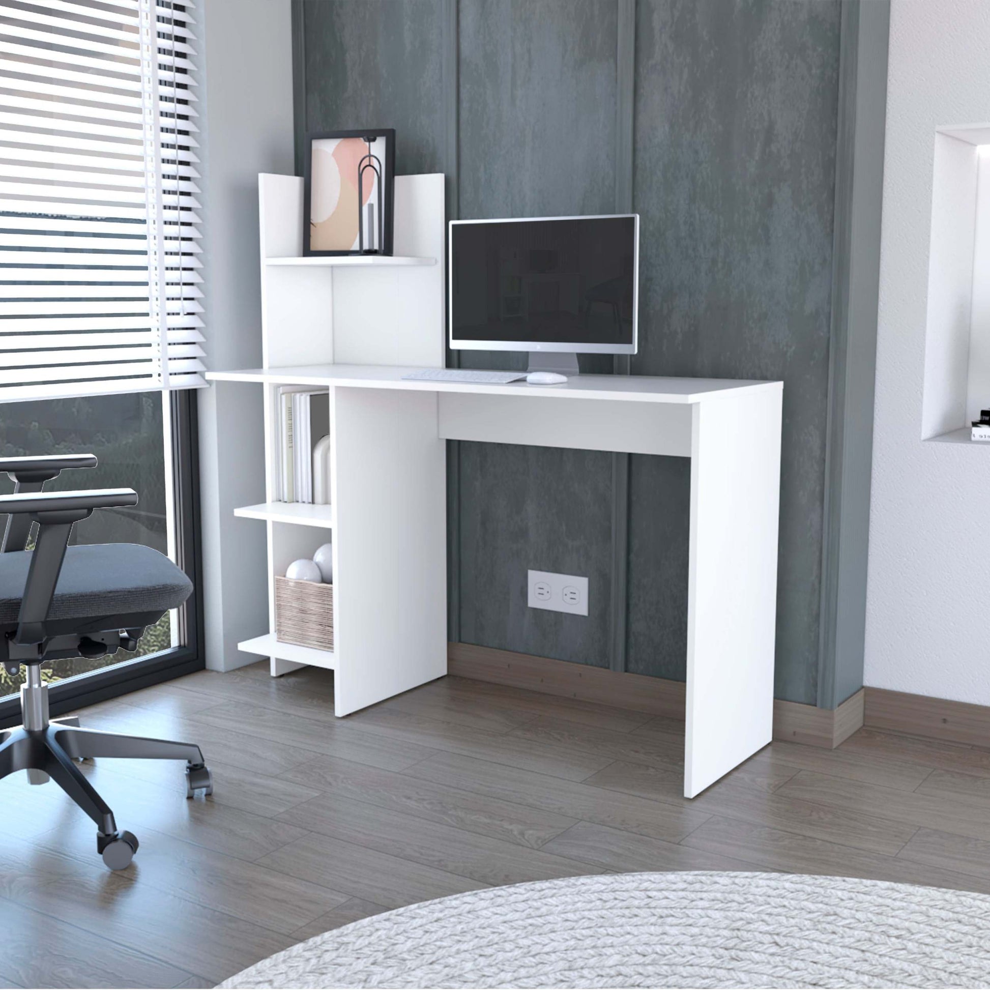 White Four Shelves Writing Desk White White Writting Desk Office Rectangular Shelves Desk Wood