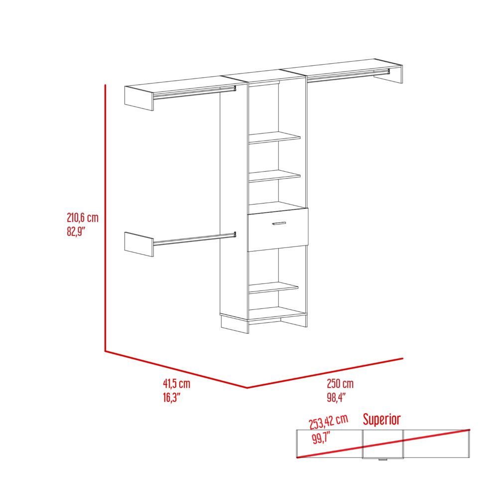 Manchester 250 Closet System, Five Open Shelves, One Drawer, Three Metal Rods Dark Walnut Brown Bedroom Modern Particle Board Particle Board