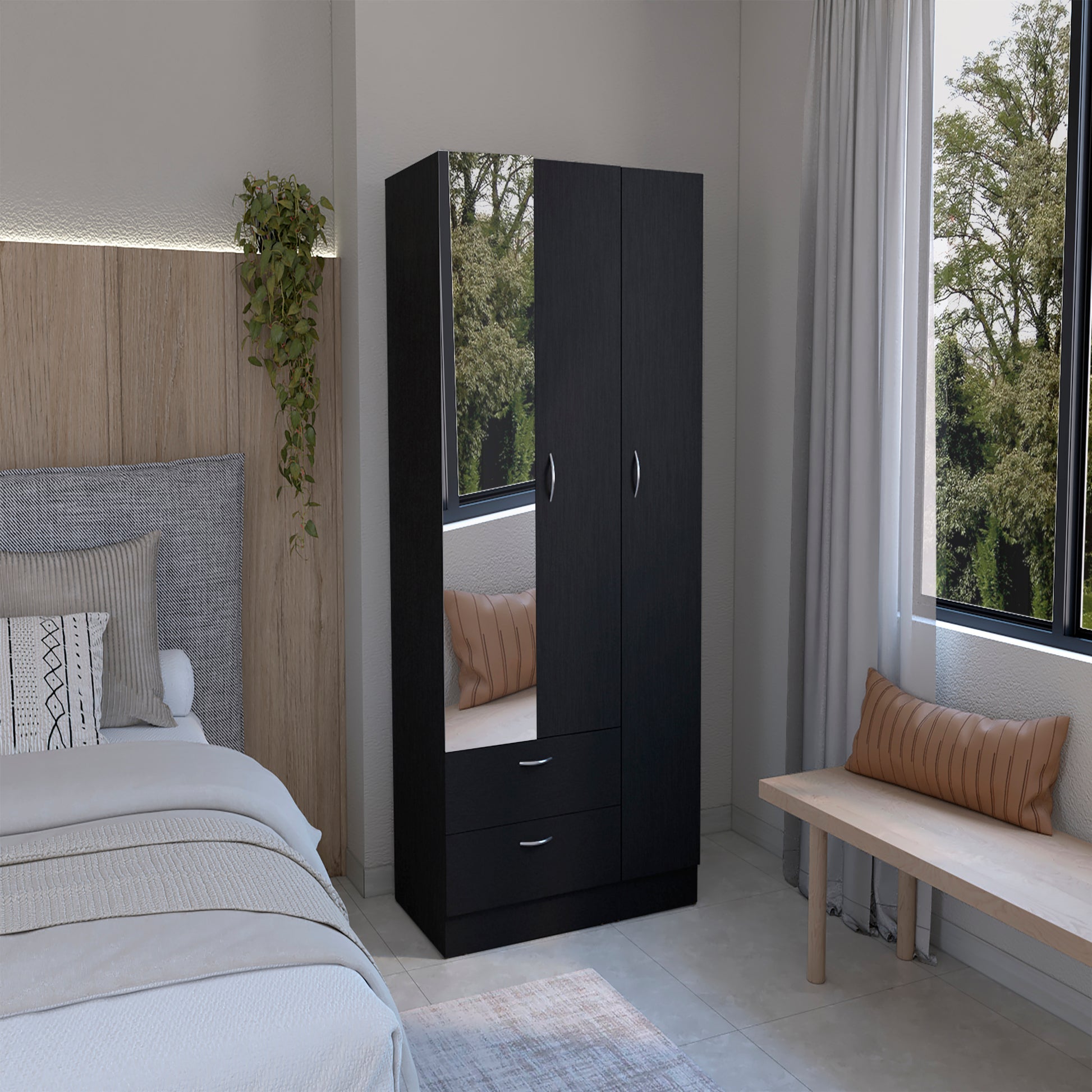 Wardrobe With 3 Doors, One With Mirror, Two Drawers, Four Shelves And Hanging Bar,Black Black Particle Board Particle Board