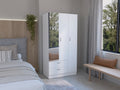 Wardrobe With 3 Doors, One With Mirror, Two Drawers, Four Shelves And Hanging Bar,White White Particle Board Particle Board