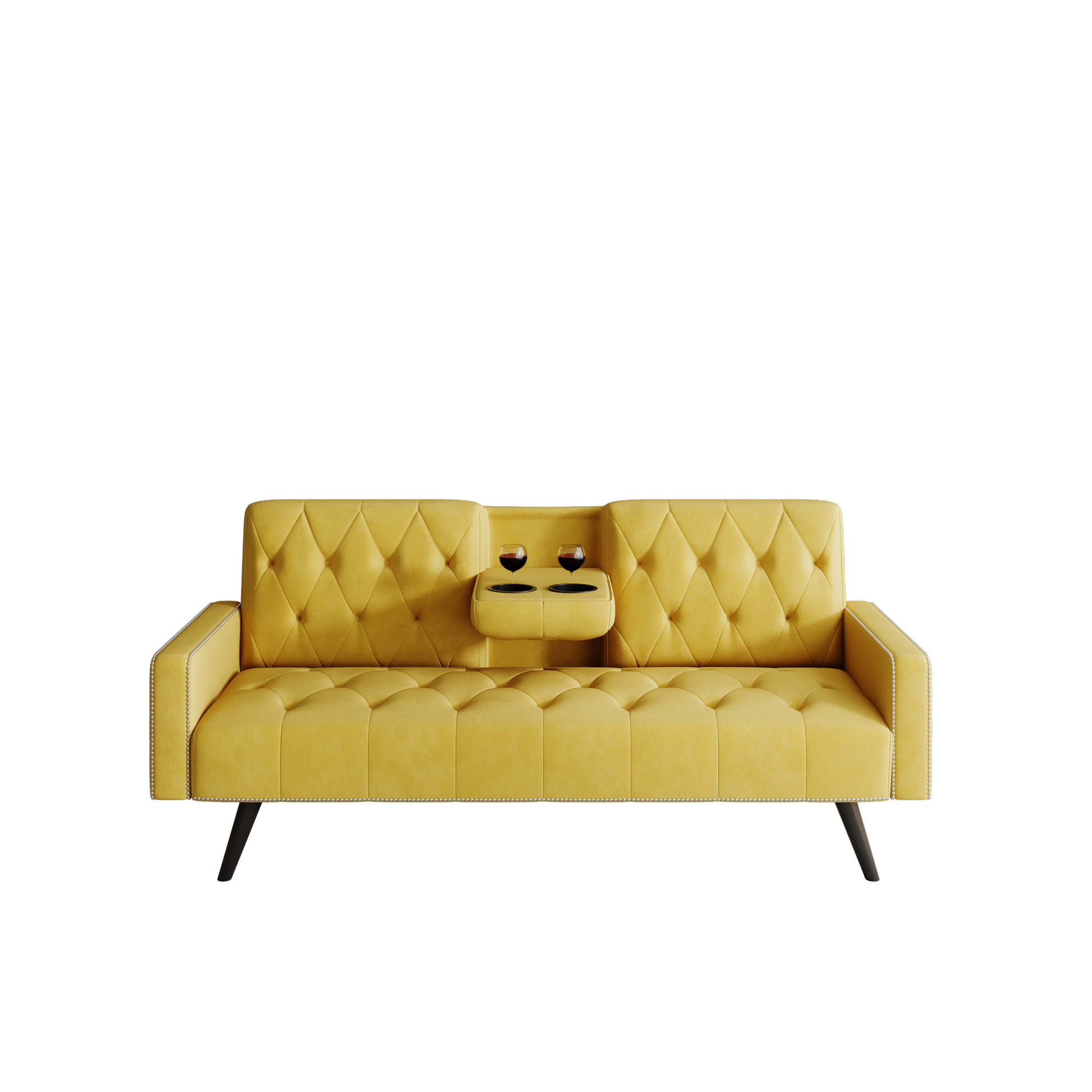 1730 Sofa Bed Armrest With Nail Head Trim With Two Cup Holders 72" Yellow Velvet Sofa For Small Spaces Yellow Velvet