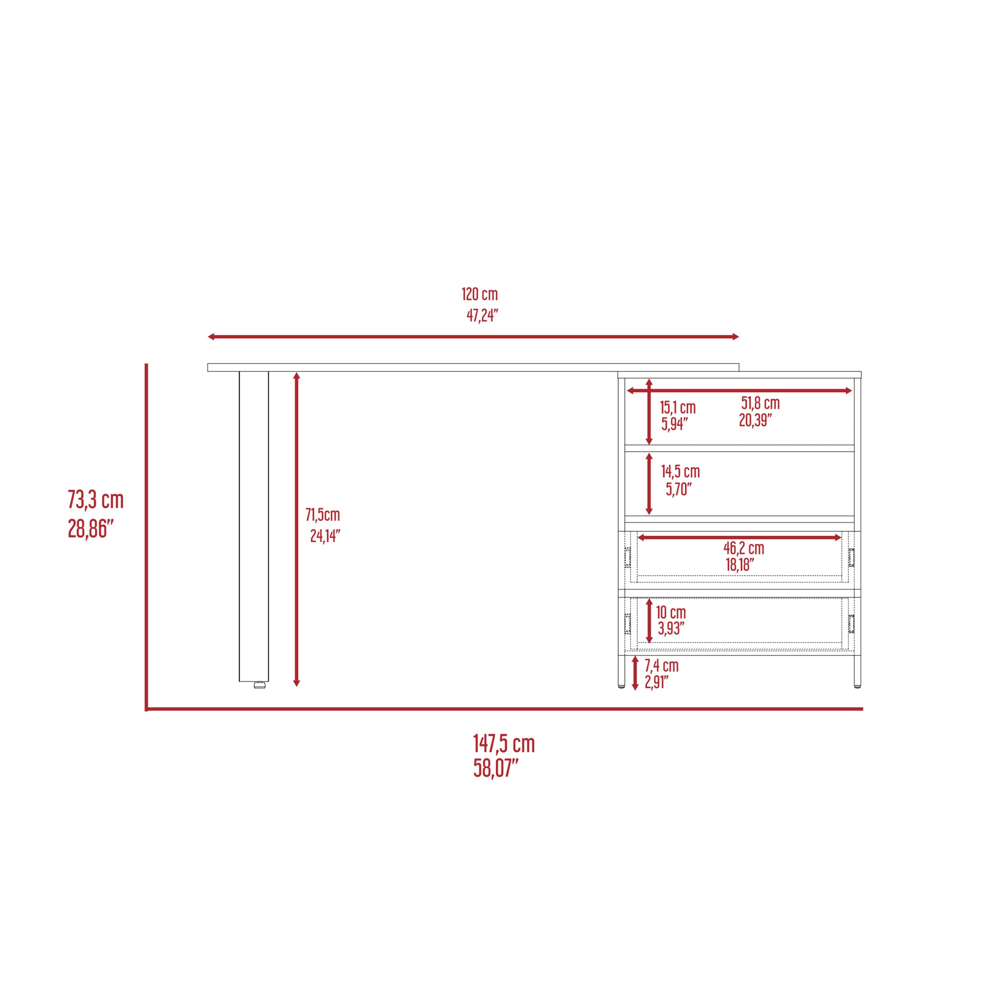 Malaui 120 Desk, Two Legs, Two Drawers, Two Shelves Light Gray Gray Computer Desk Office Modern Freestanding Rectangular Shelves Desk Rectangular Particle Board Particle Board