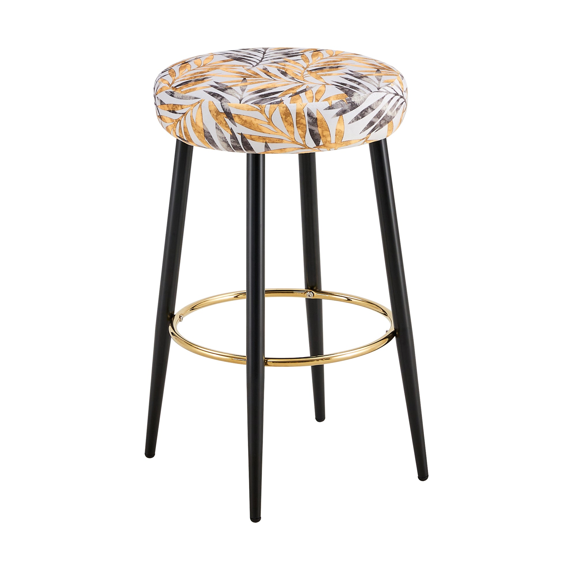 Counter Height Bar Stools Set Of 2, Pu Kitchen Stools Upholstered Dining Chair Stools 24 Inches Height With Golden Footrest For Kitchen Island Coffee Shop Bar Home Balcony Golden Leaves Velvet Cushion Alloy Steel Golden Black Kitchen Foam Dry Clean Round