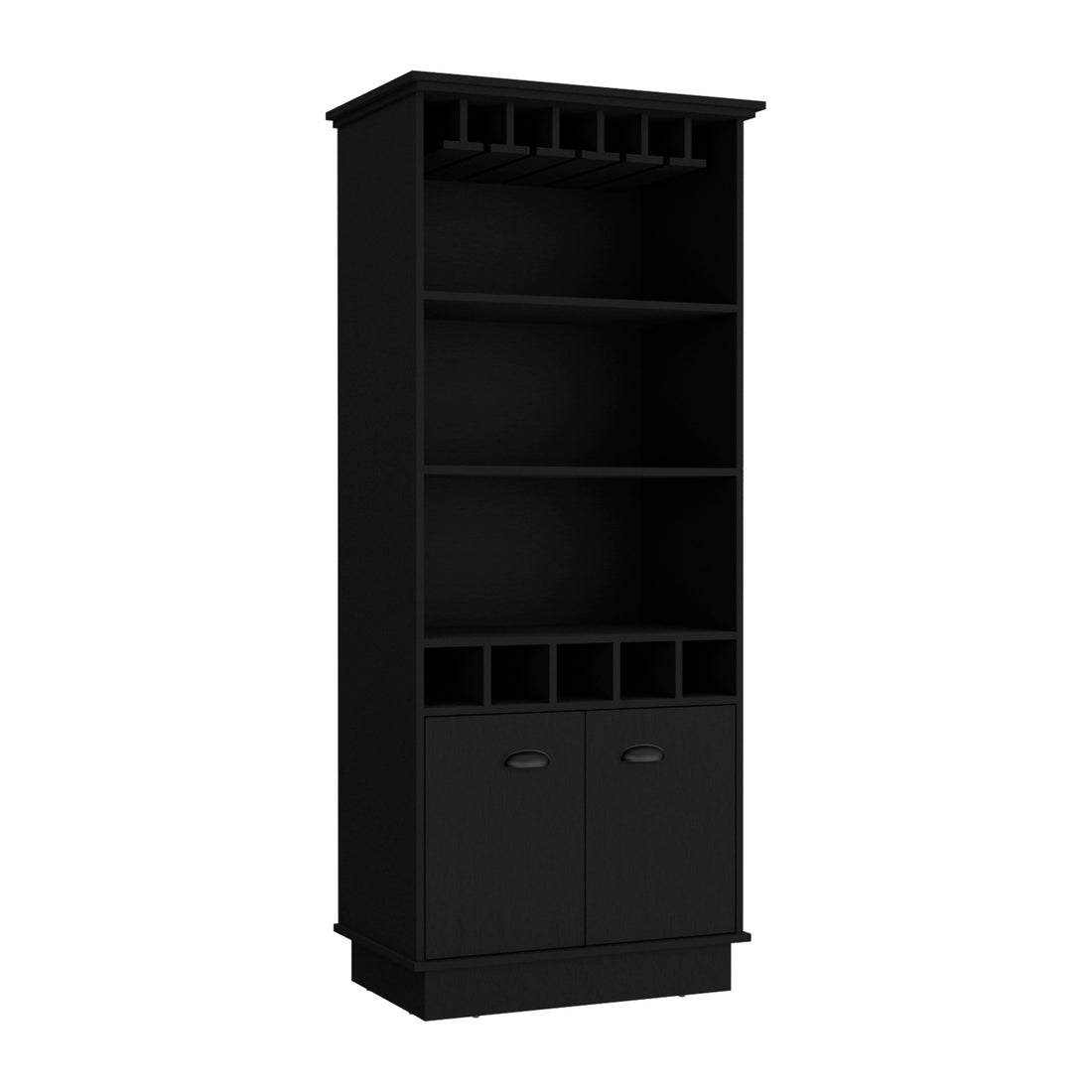 Bar Cabinet 70"H With Wine Rack, Upper Glass Cabinet, Three Open Storage Shelves And One Cabinet,Black Black Particle Board Particle Board