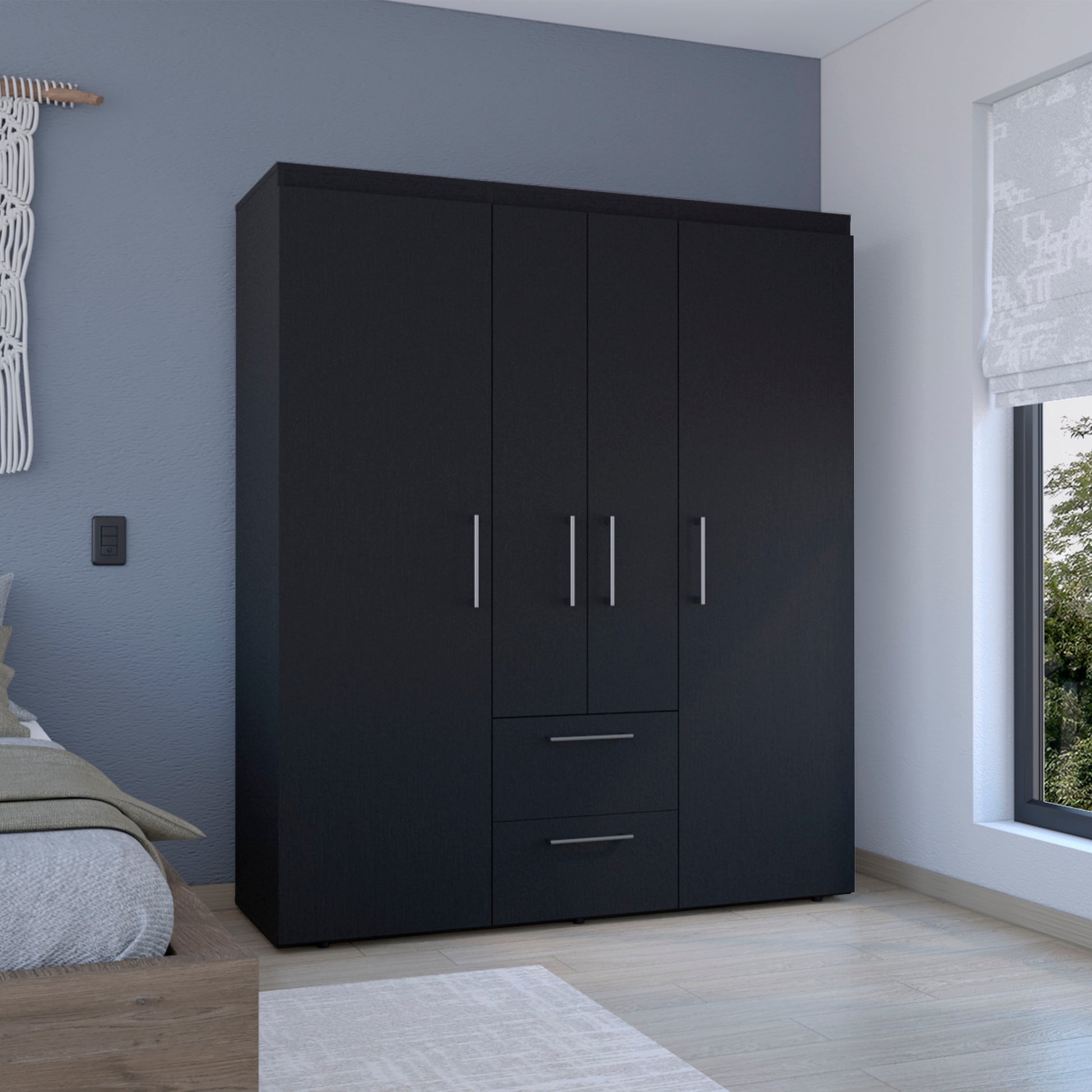 Bariloche Wardrobe, Multi Section Storage With Hanging Rods, Shelves, And 2 Drawers Black Black Bedroom Modern Particle Board