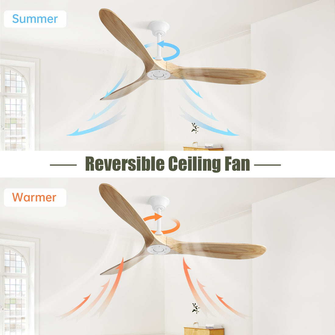 60 Inch Indoor Modern Ceiling Fan With 3 Color Dimmable 6 Speed Remote Control 3 Solid Wood Blade For Living Room White Metal & Wood