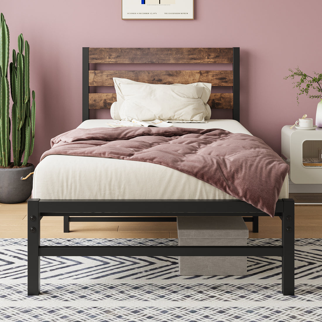 Twin Size Platform Bed Frame With Rustic Vintage Wood Headboard, Strong Metal Slats Support Mattress Foundation, No Box Spring Needed Rustic Brown Box Spring Not Required Twin Black Metal Brown Bedroom Bed Frame Metal & Wood