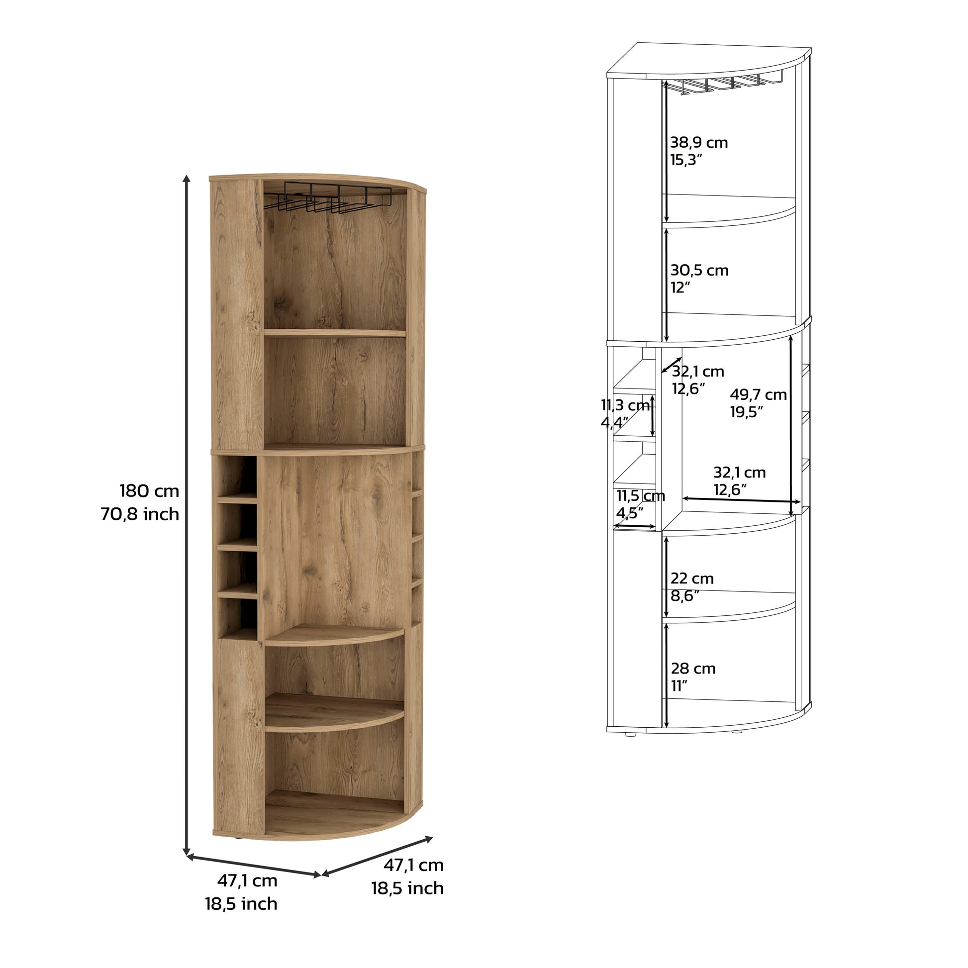 71" Corner Bar Cabinet With Five Shelves, Eight Bottle Cubbies And Stemware,Macadamia Beige Primary Living Space Particle Board Particle Board