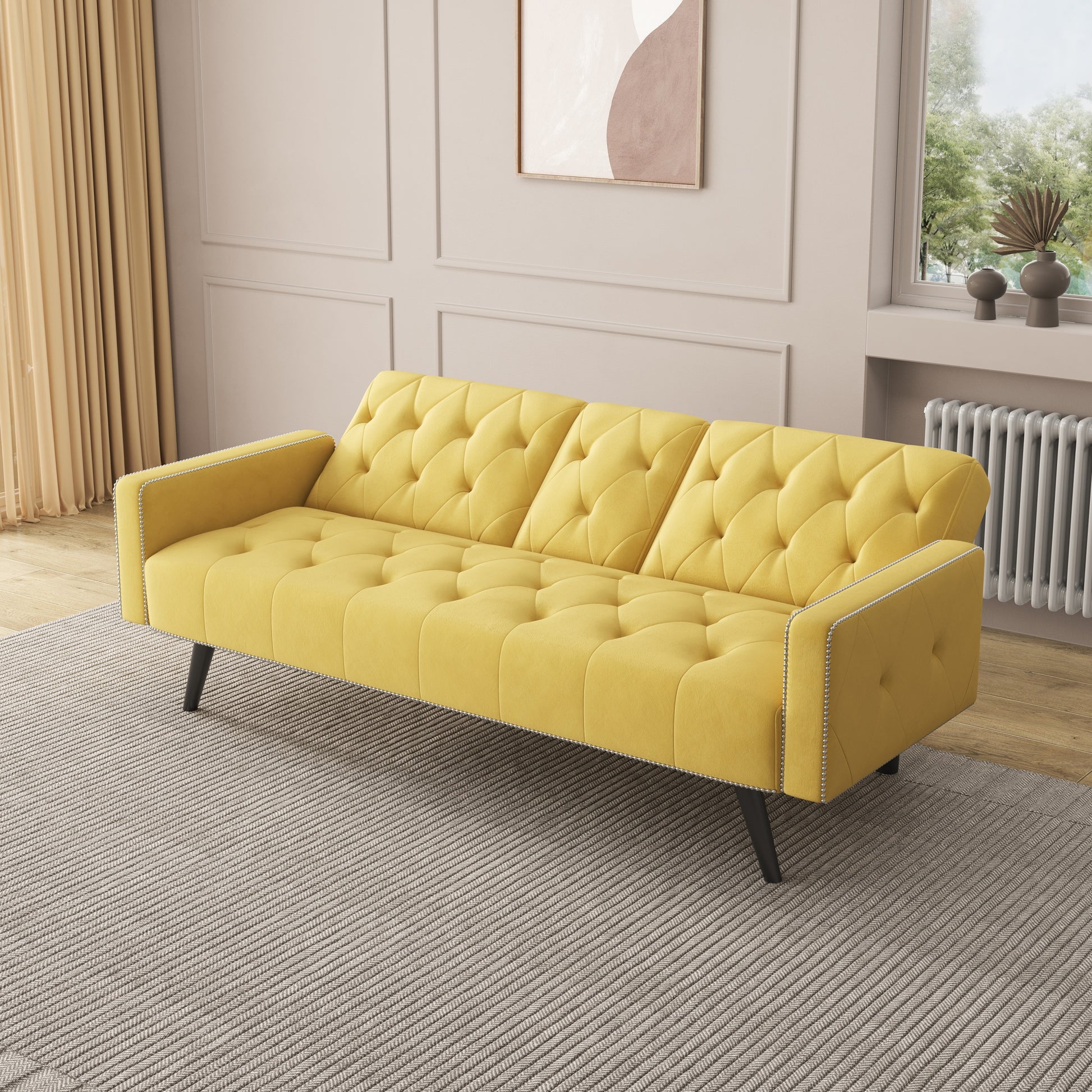 1730 Sofa Bed Armrest With Nail Head Trim With Two Cup Holders 72" Yellow Velvet Sofa For Small Spaces Yellow Velvet