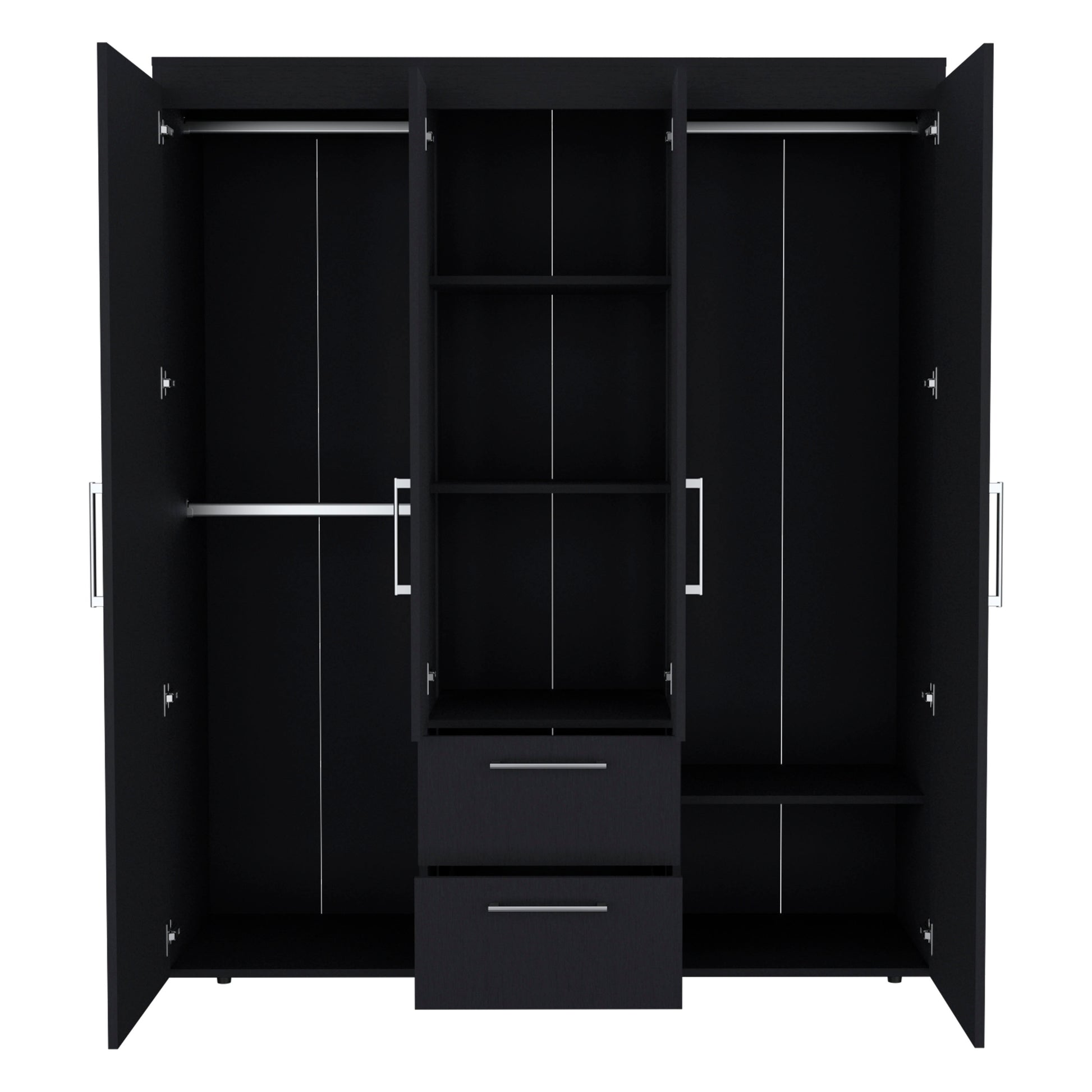 Bariloche Wardrobe, Multi Section Storage With Hanging Rods, Shelves, And 2 Drawers Black Black Bedroom Modern Particle Board