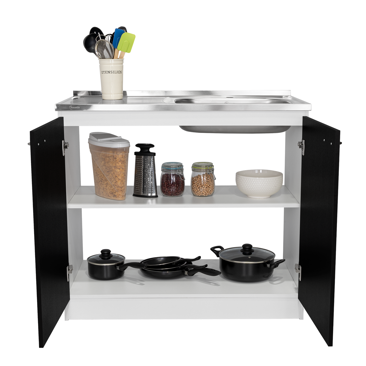 Napoles Utility Sink With Cabinet, Double Door, One Shelf White Black Freestanding 1 2 Spaces Brown Kitchen Shelves Included Modern Particle Board Particle Board