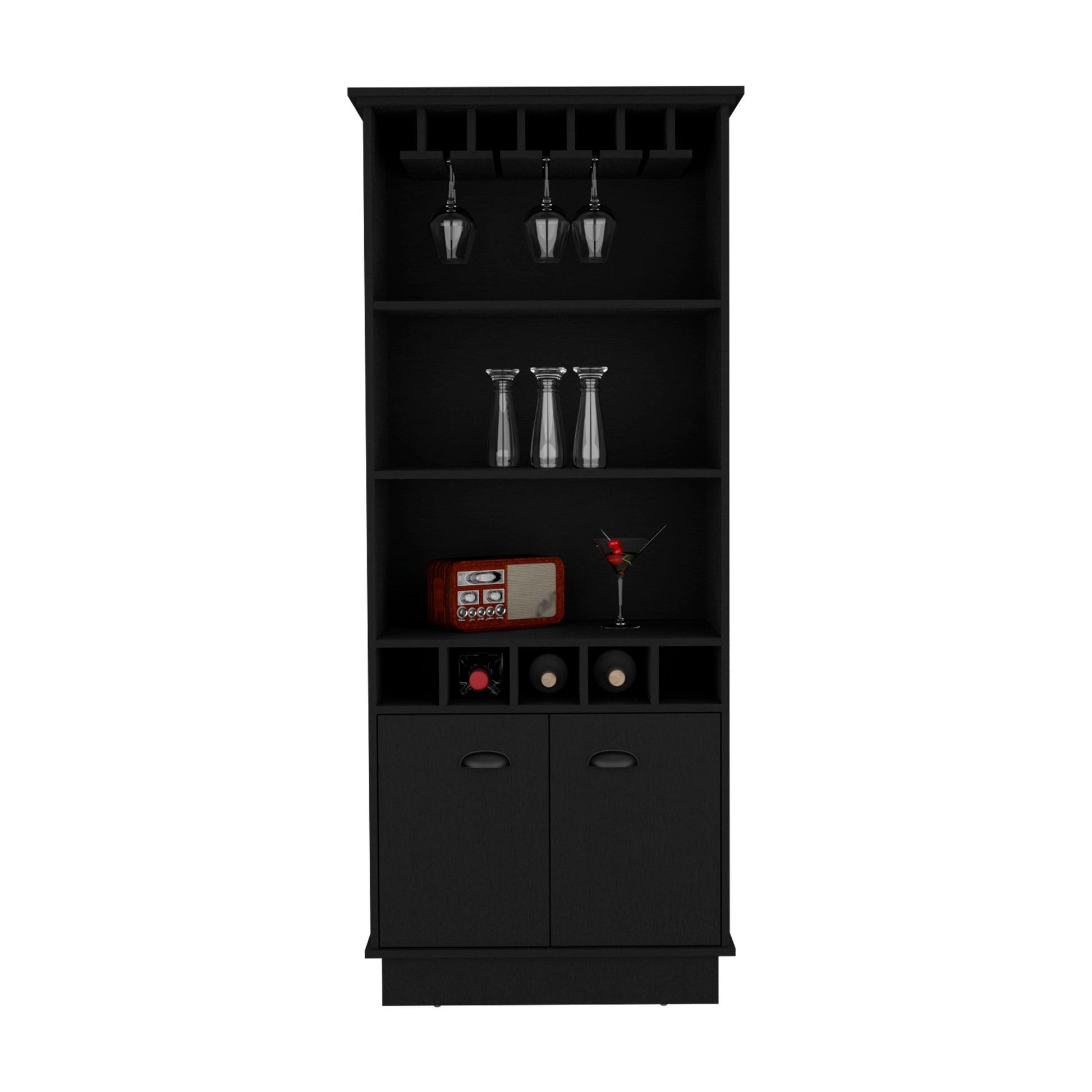 Dundee 70 Inch High 10 Glass Bar Cabinet With 5 Cubbies And 3 Open Shelves And Cabinet Black Black Kitchen Modern Particle Board