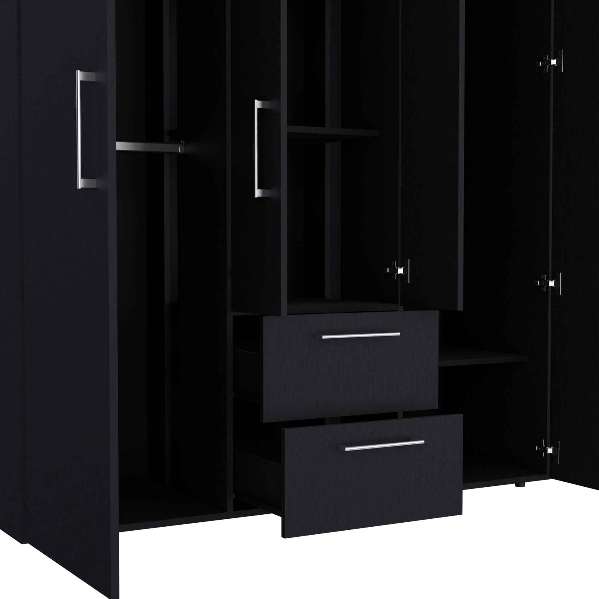 Bariloche Wardrobe, Multi Section Storage With Hanging Rods, Shelves, And 2 Drawers Black Black Bedroom Modern Particle Board