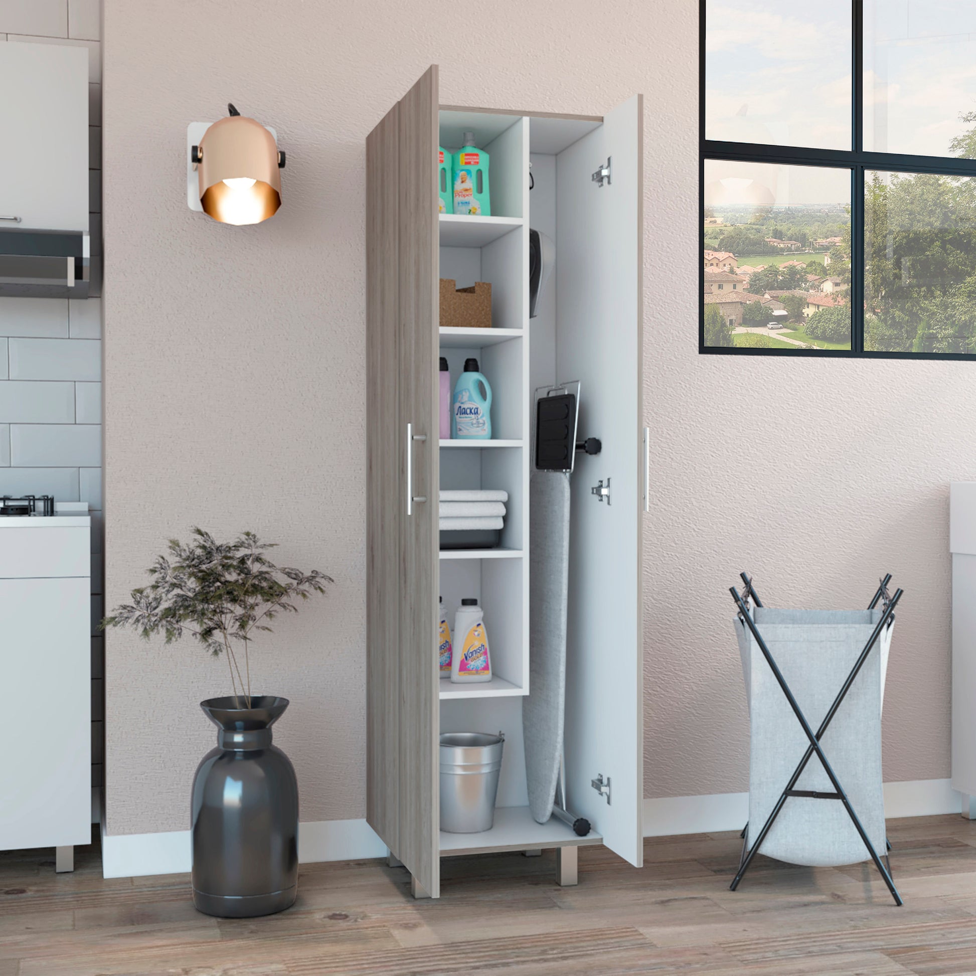 Nala Cleaning Cabinet, Double Door Cabinet, Four Legs, Five Shelves Light Gray White Multicolor Shelves Included Kitchen Modern Particle Board Particle Board