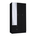 Wardrobe With 3 Doors, One With Mirror, Two Drawers, Four Shelves And Hanging Bar,Black Black Particle Board Particle Board