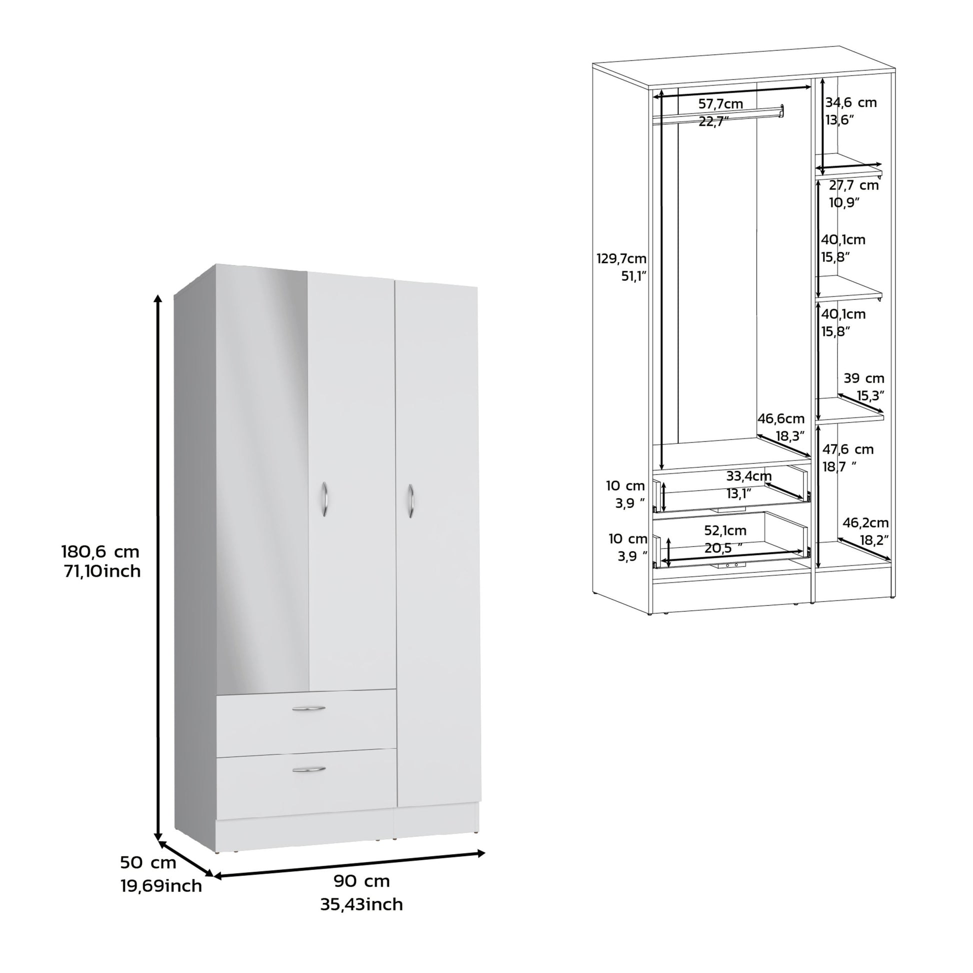 Wardrobe With 3 Doors, One With Mirror, Two Drawers, Four Shelves And Hanging Bar,White White Particle Board Particle Board