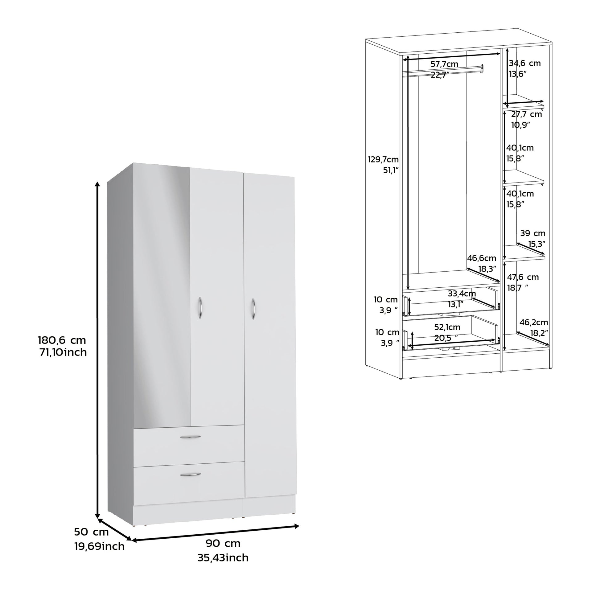 Riverside 3 Door Mirrored Armoire With Two Drawers, Four Shelves, And Hanging Rod White White Particle Board