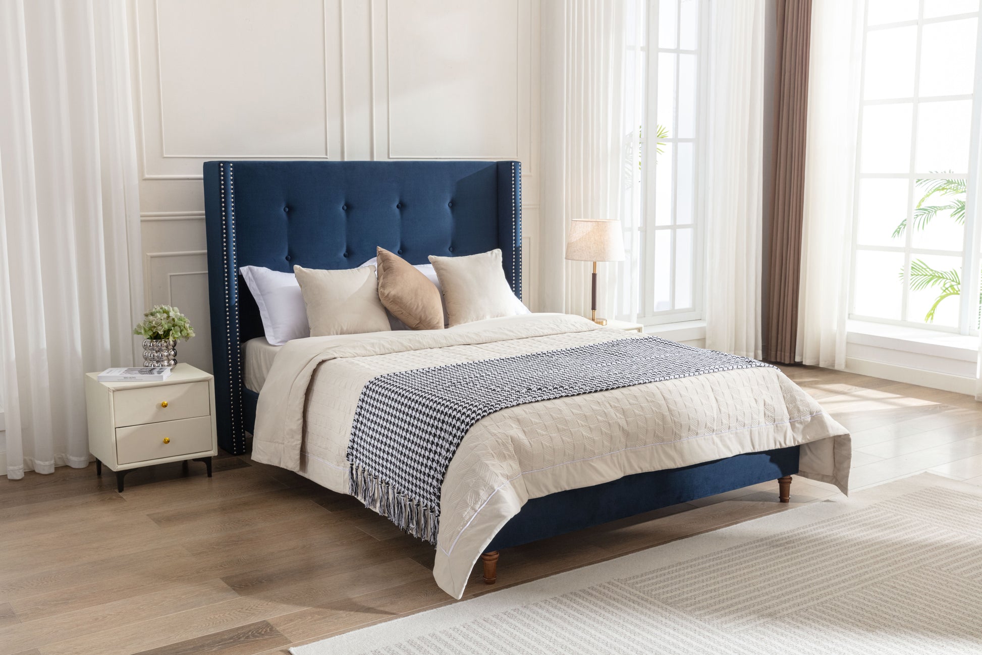 Peyton Upholstered King Bed 54" High Headboard Traditional Hand Buttoned Tufting Trim Wingback No Box Spring Needed Easy Assembly Blue Velvet Box Spring Not Required King Blue Brown Metal Bedroom Classic,European,Modern,Traditional Oak Bed Frame Foam