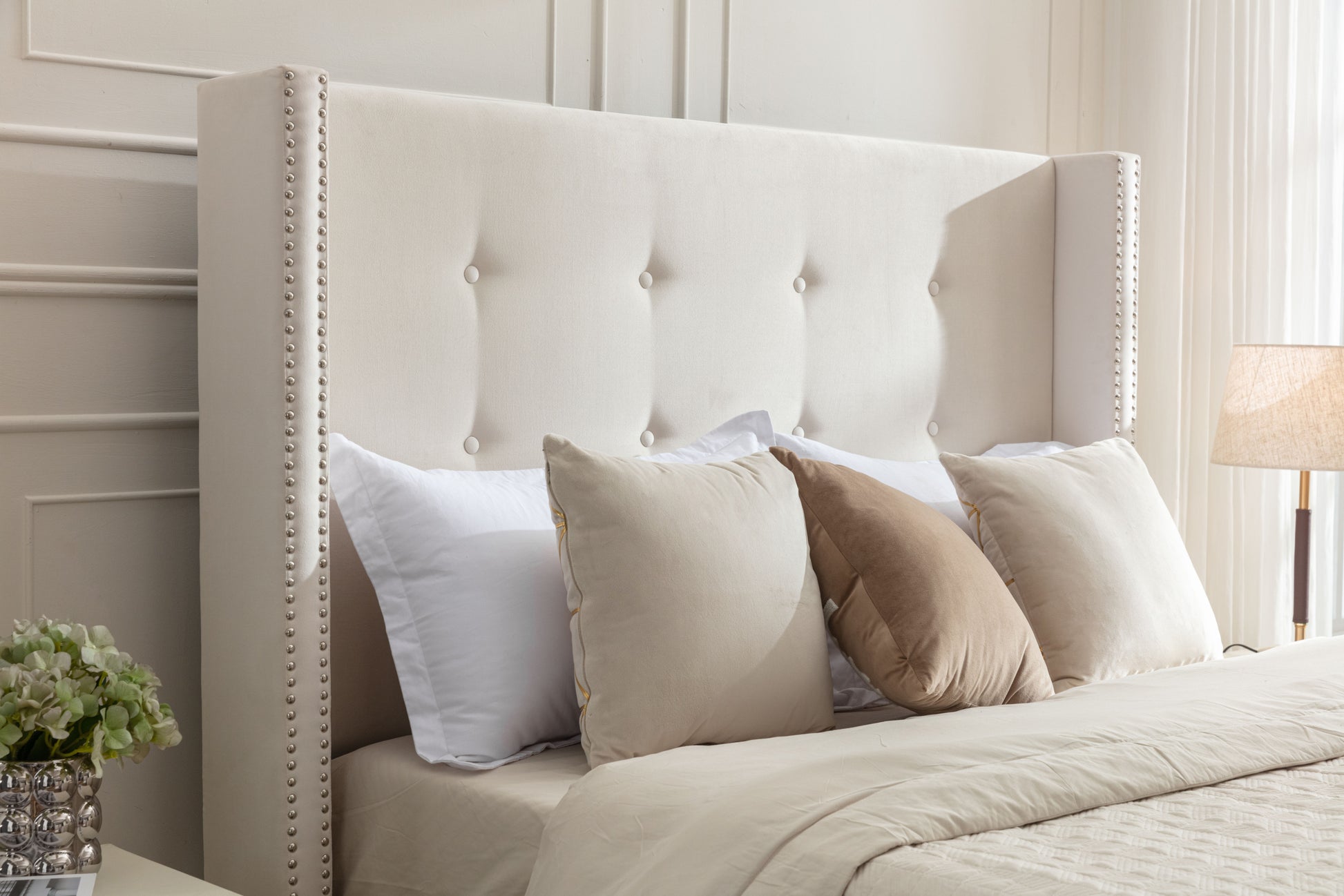 Peyton Upholstered Queen Bed 54" High Headboard Traditional Hand Buttoned Tufting Trim Wingback No Box Spring Needed Easy Assembly Ivory Velvet Box Spring Not Required Queen Ivory Brown Metal Bedroom Classic,European,Modern,Traditional Oak Bed Frame Foam