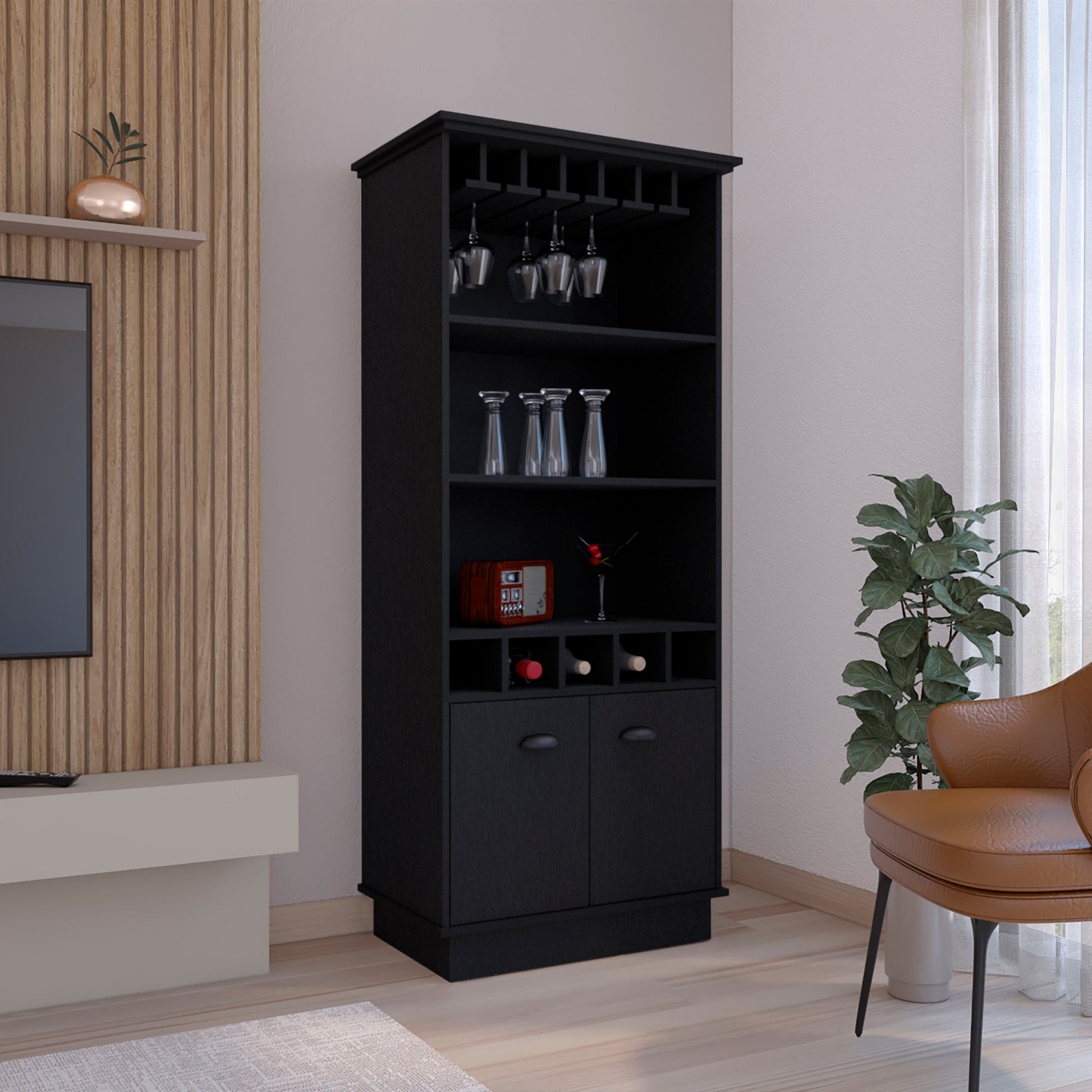 70"H Bar Cabinet With Wine Rack, Upper Glass Cabinet, Three Open Storage Shelves And One Cabinet,Black Black Particle Board Particle Board