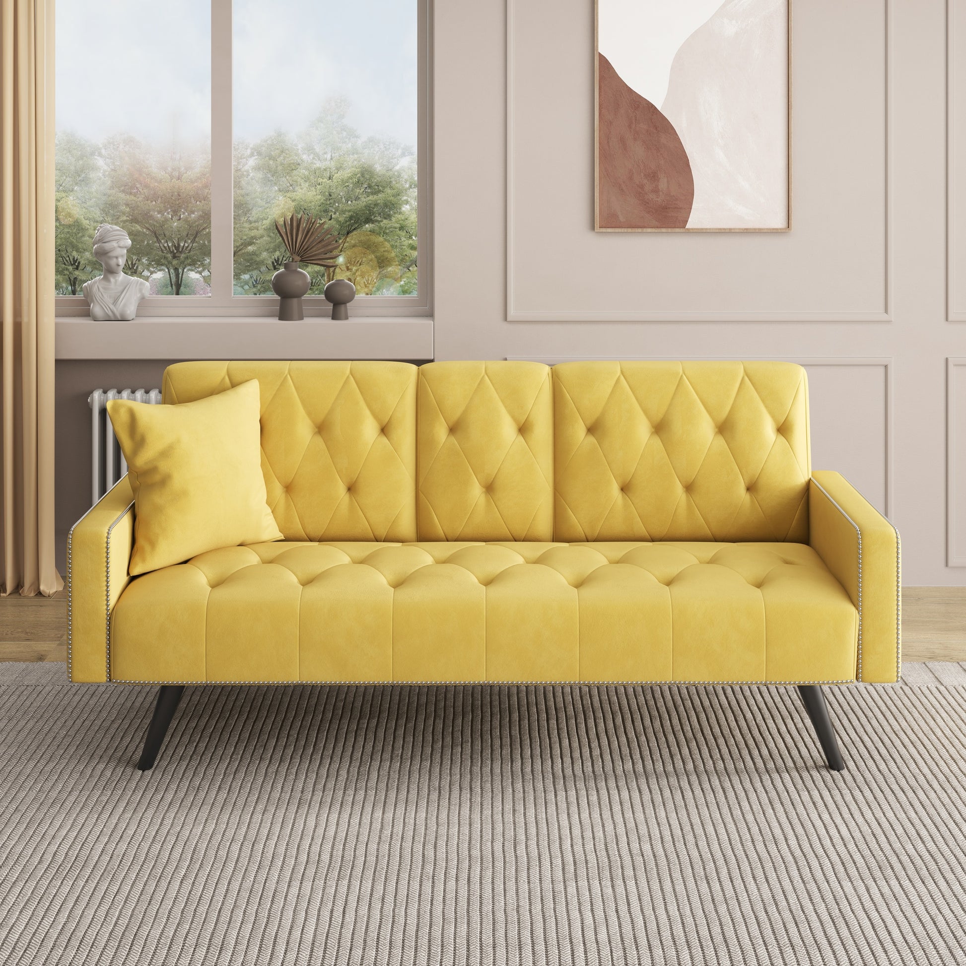 1730 Sofa Bed Armrest With Nail Head Trim With Two Cup Holders 72" Yellow Velvet Sofa For Small Spaces Yellow Velvet