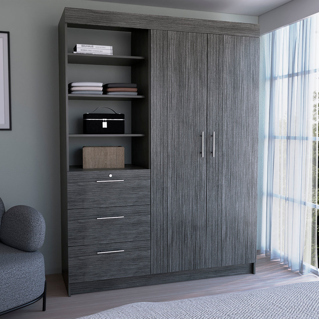 Kenya 3 Drawers Armoire, Double Door, 3 Tier Shelf Smokey Oak Smoke Grey Bedroom Modern Particle Board