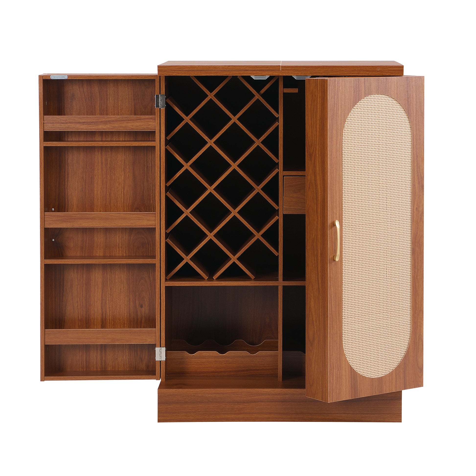 41.9" Home Bar Cabinet, Industrial Walnut Rattan Door Fold Out Bar Cabinet With Storage Bar Table Walnut Dining Room Modern Mdf
