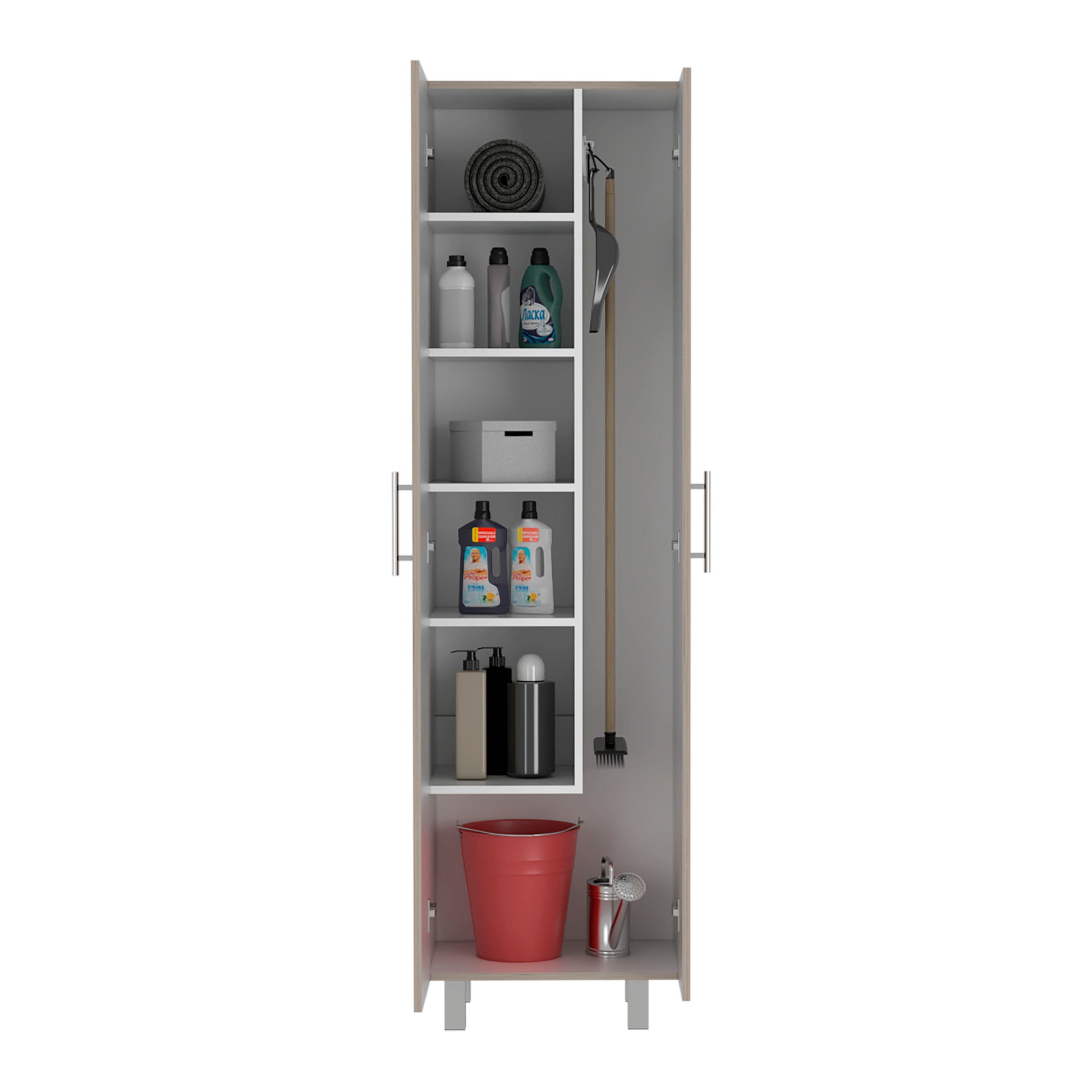 Nala Cleaning Cabinet, Double Door Cabinet, Four Legs, Five Shelves Light Gray White Multicolor Shelves Included Kitchen Modern Particle Board Particle Board