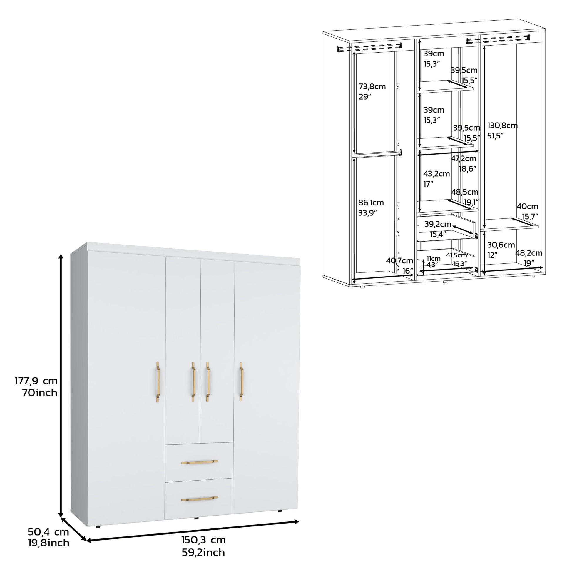 Wardrobe, Deluxe Armoire With Multiple Storage Options And Metal Accents, White White Particle Board Particle Board