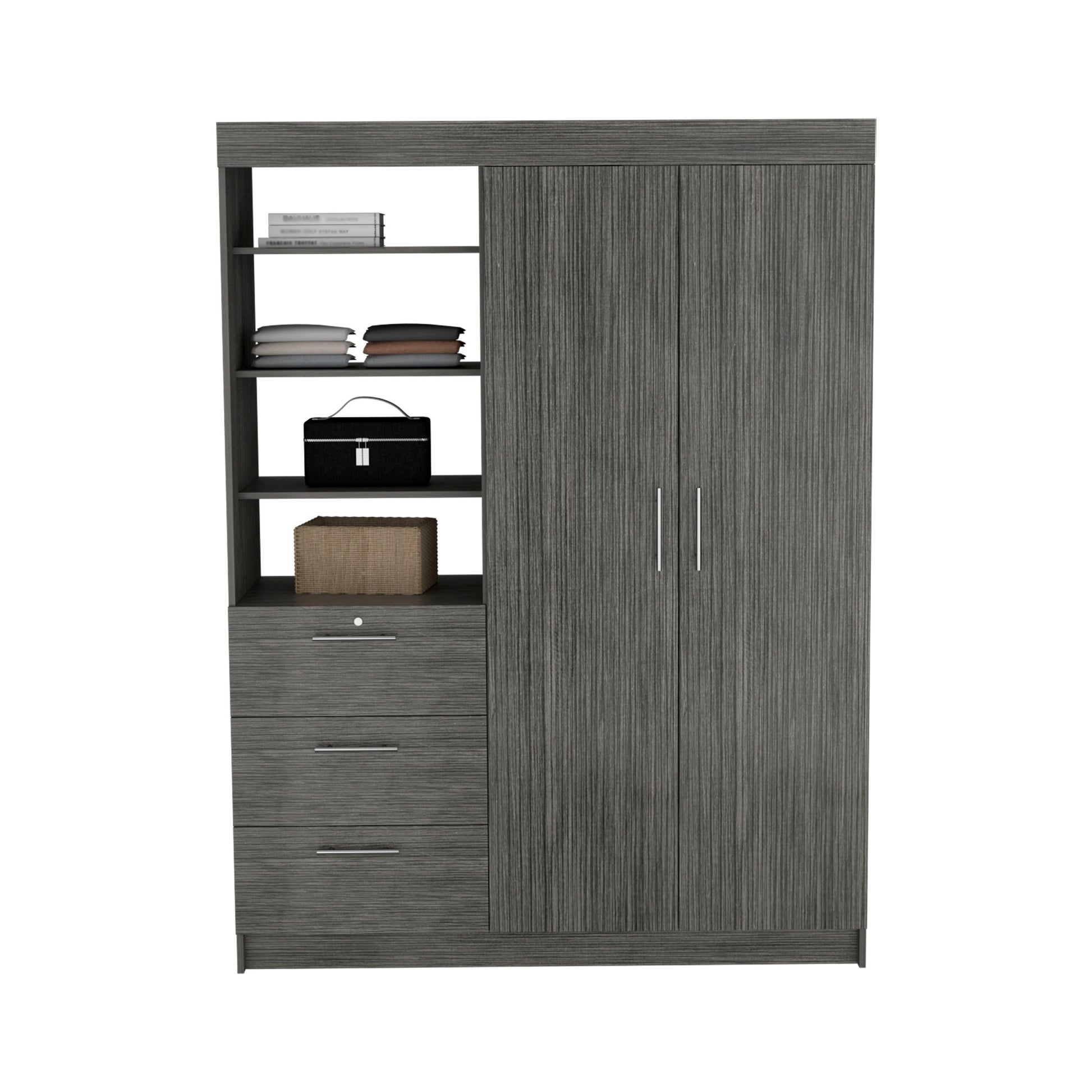 Kenya 3 Drawers Armoire, Double Door, 3 Tier Shelf Smokey Oak Smoke Grey Bedroom Modern Particle Board