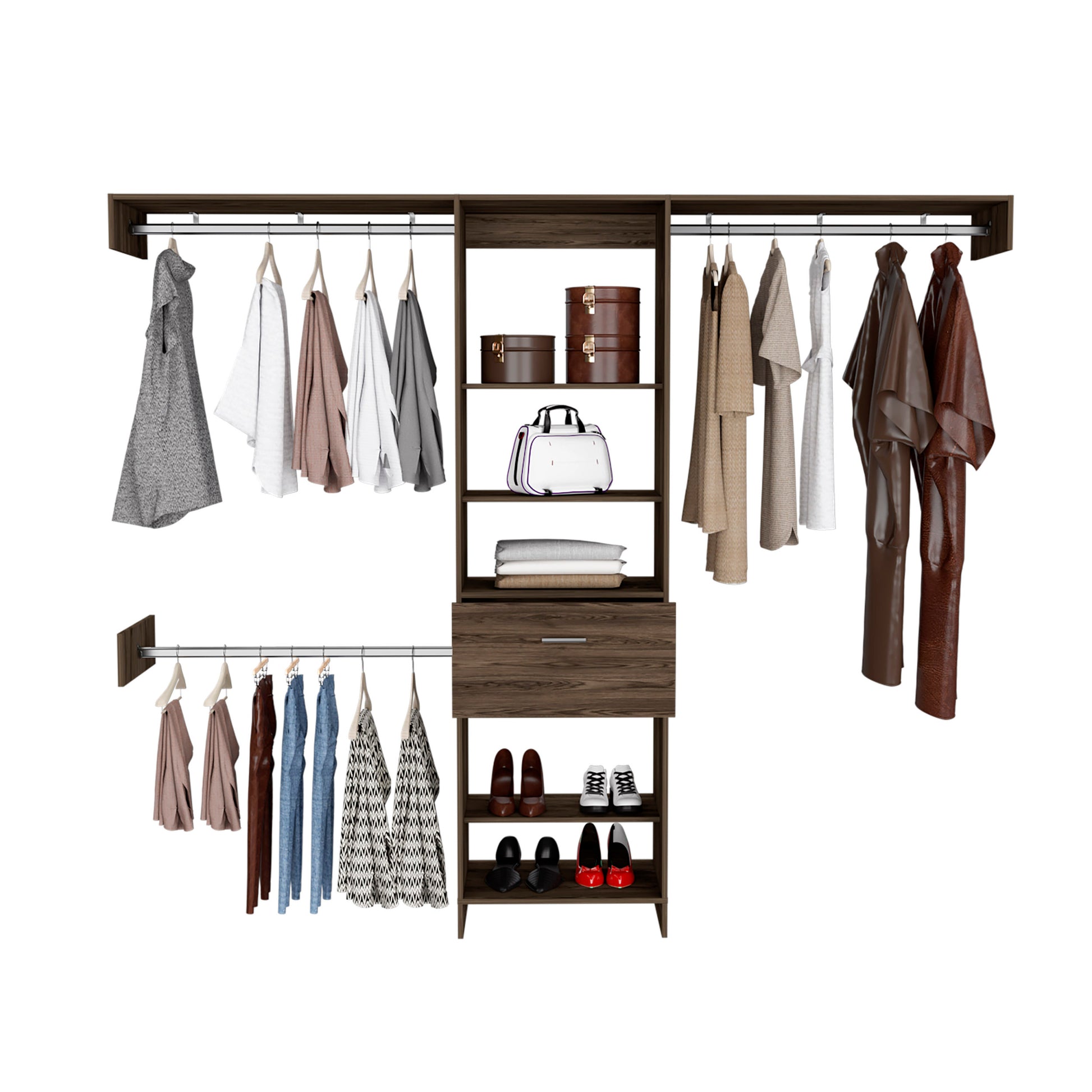 Manchester 250 Closet System, Five Open Shelves, One Drawer, Three Metal Rods Dark Walnut Brown Bedroom Modern Particle Board Particle Board