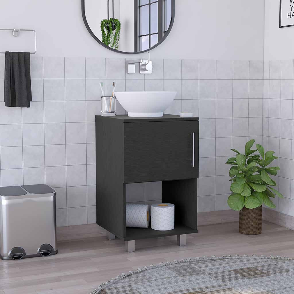 Gouda 18" Single Bathroom Vanity, One Open Shelf, Single Door Cabinet Black Black Bathroom Modern Particle Board Particle Board